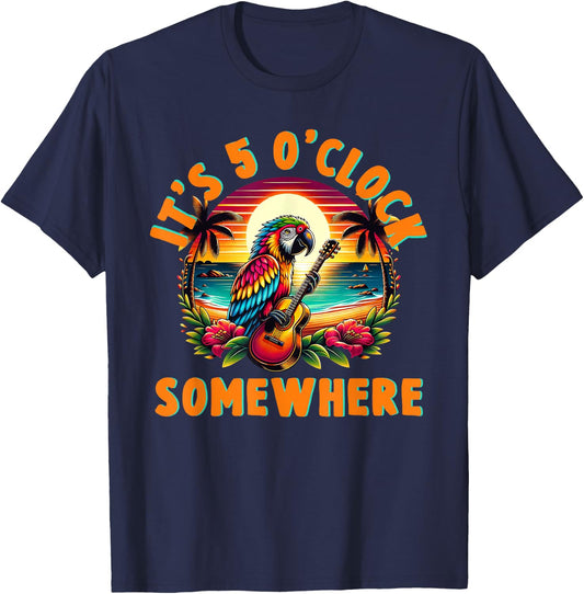 It's 5 O'clock Somewhere Funny Summer Beach Vacation Parrot T-Shirt - T-Shirt | Navy