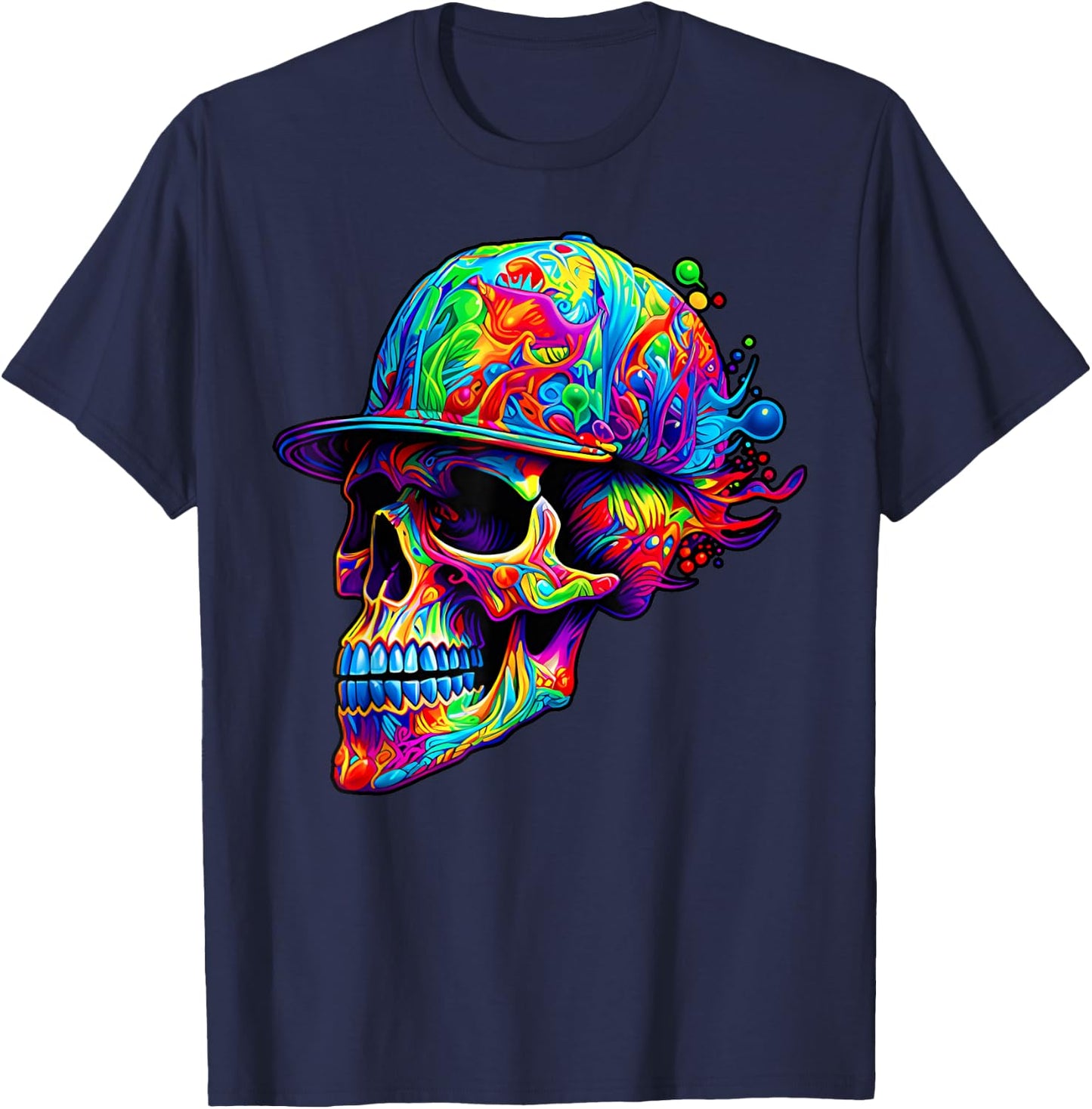 Colorful Skull With Hat Paint Skeleton Men Women Boys T-Shirt - T-Shirt | Navy