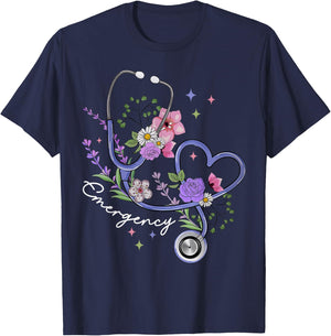 Stethoscope Floral Heart Emergency Department ER Nurse Tech T-Shirt - T-Shirt | Navy