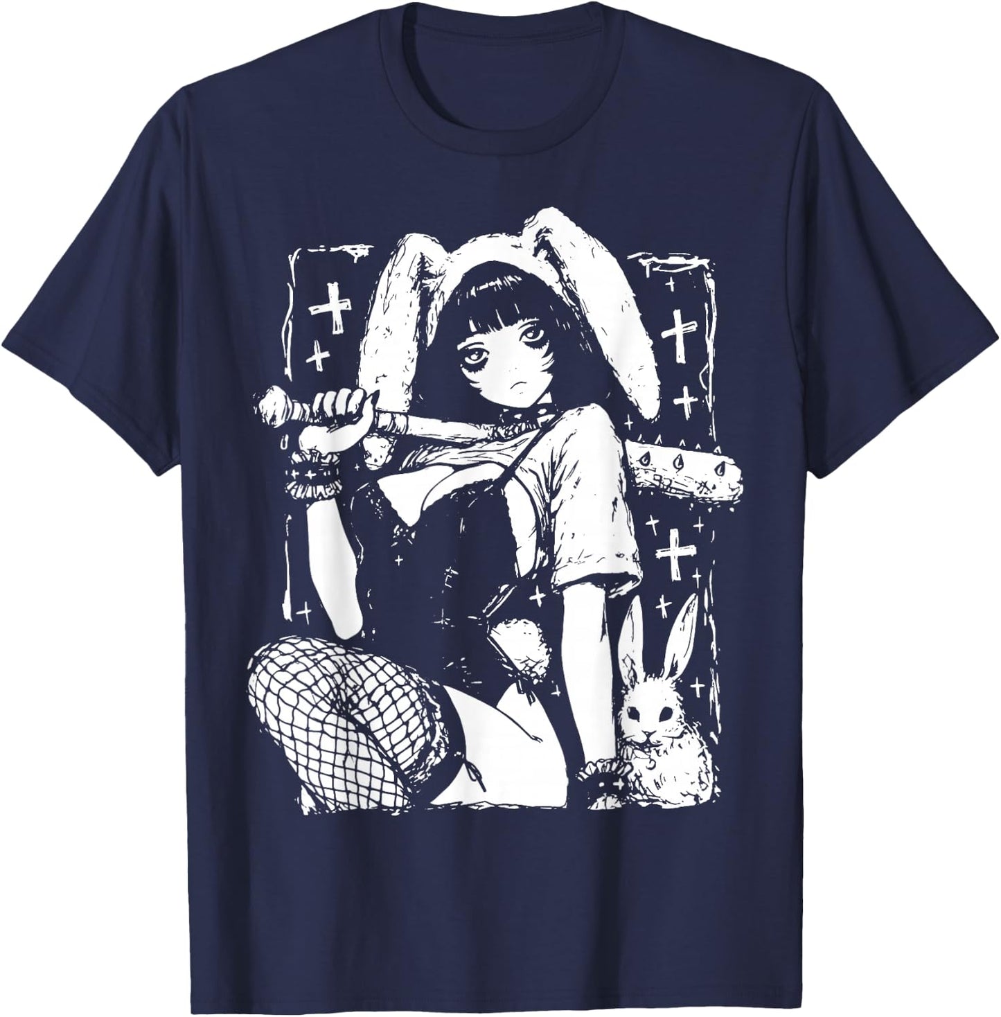 Creepy Horror Bunny Girl Anime Manga Alt Kawaii Harajuku T-Shirt - T-Shirt | Navy