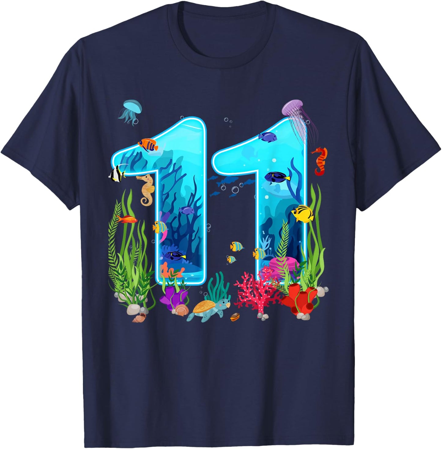 Cute 11 Ocean Sea Animal 11th Bday Party 11 Years Old T-Shirt - T-Shirt | Navy