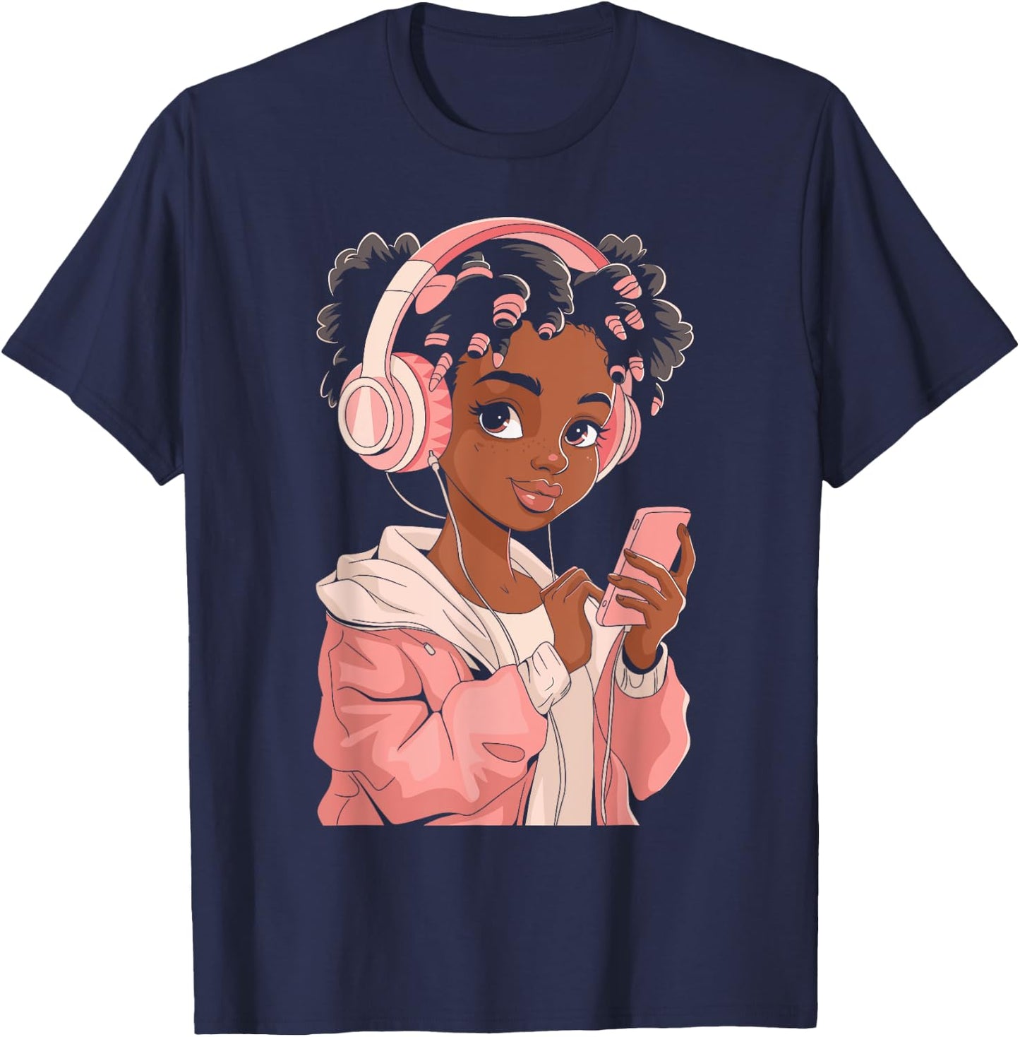 Afro Anime Black Girl with Headphones Kpop Art T-Shirt - T-Shirt | Navy