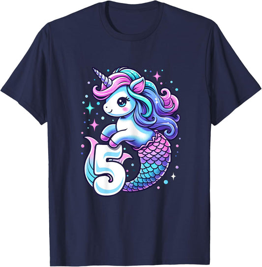 Unicorn Mermaid 5th Birthday 5 Year Old Party Girls Outfit T-Shirt - T-Shirt | Navy