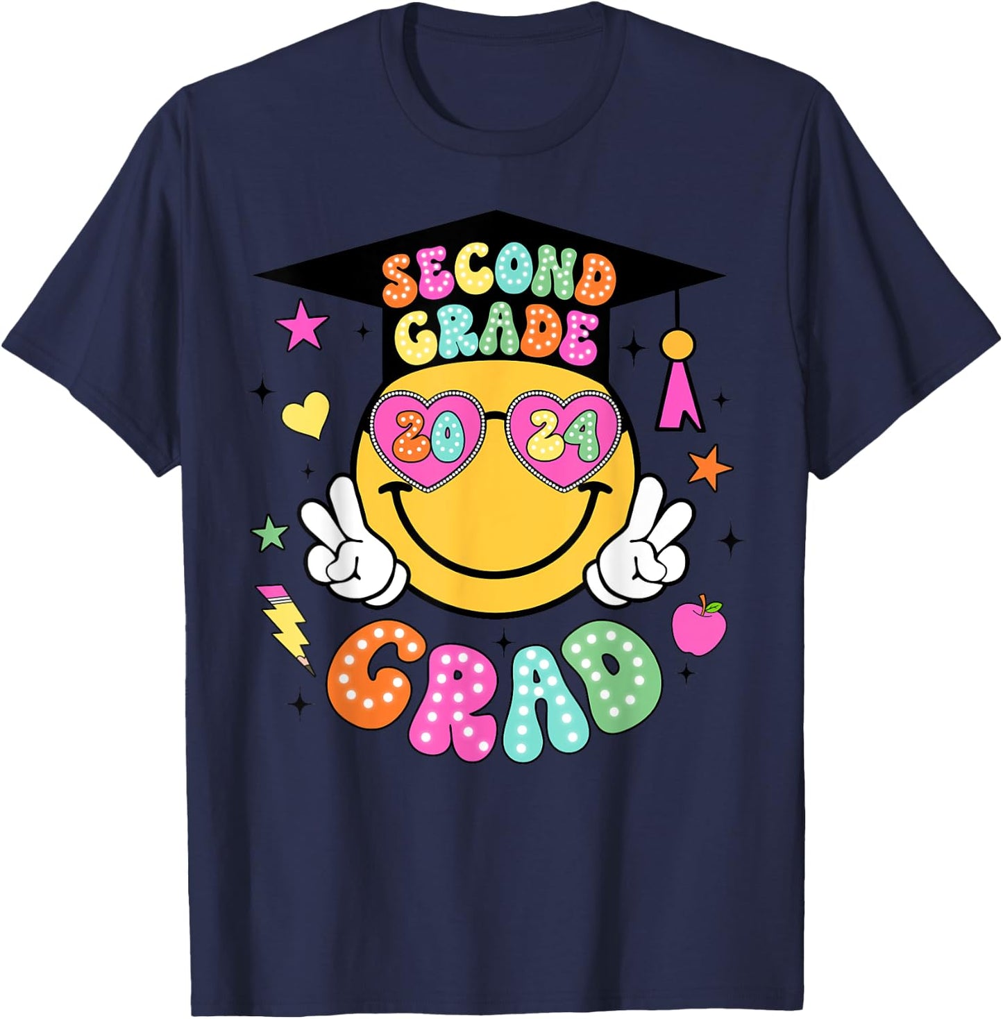 Groovy 2nd Grade Graduate Happy Face Graduation 2024 Grad T-Shirt - T-Shirt | Navy