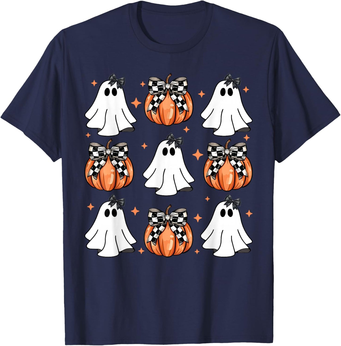 Coquette Bow Pumpkin Ghost Halloween Girly Ghost Women Girl T-Shirt - T-Shirt | Navy