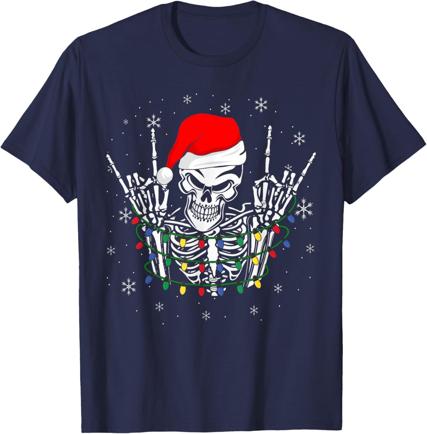 Rock on Santa Skeleton Rock and Roll Christmas Lights Rocker T-Shirt - T-Shirt | Navy