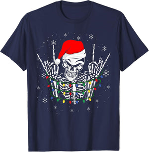 Rock on Santa Skeleton Rock and Roll Christmas Lights Rocker T-Shirt - T-Shirt | Navy