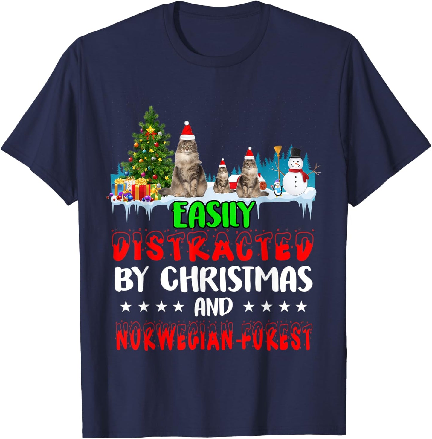 Easily Distracted by Christmas Norwegian Forest Cat on Snow T-Shirt - T-Shirt | Navy