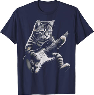Cat Rock Guitar Funny Cat playing Guitar T-Shirt - T-Shirt | Navy