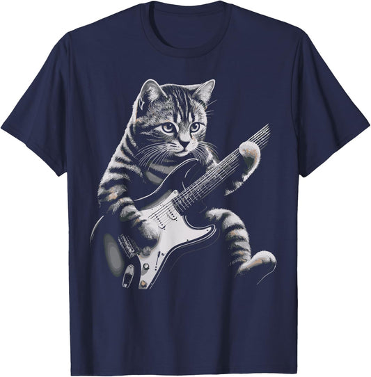 Cat Rock Guitar Funny Cat playing Guitar T-Shirt - T-Shirt | Navy