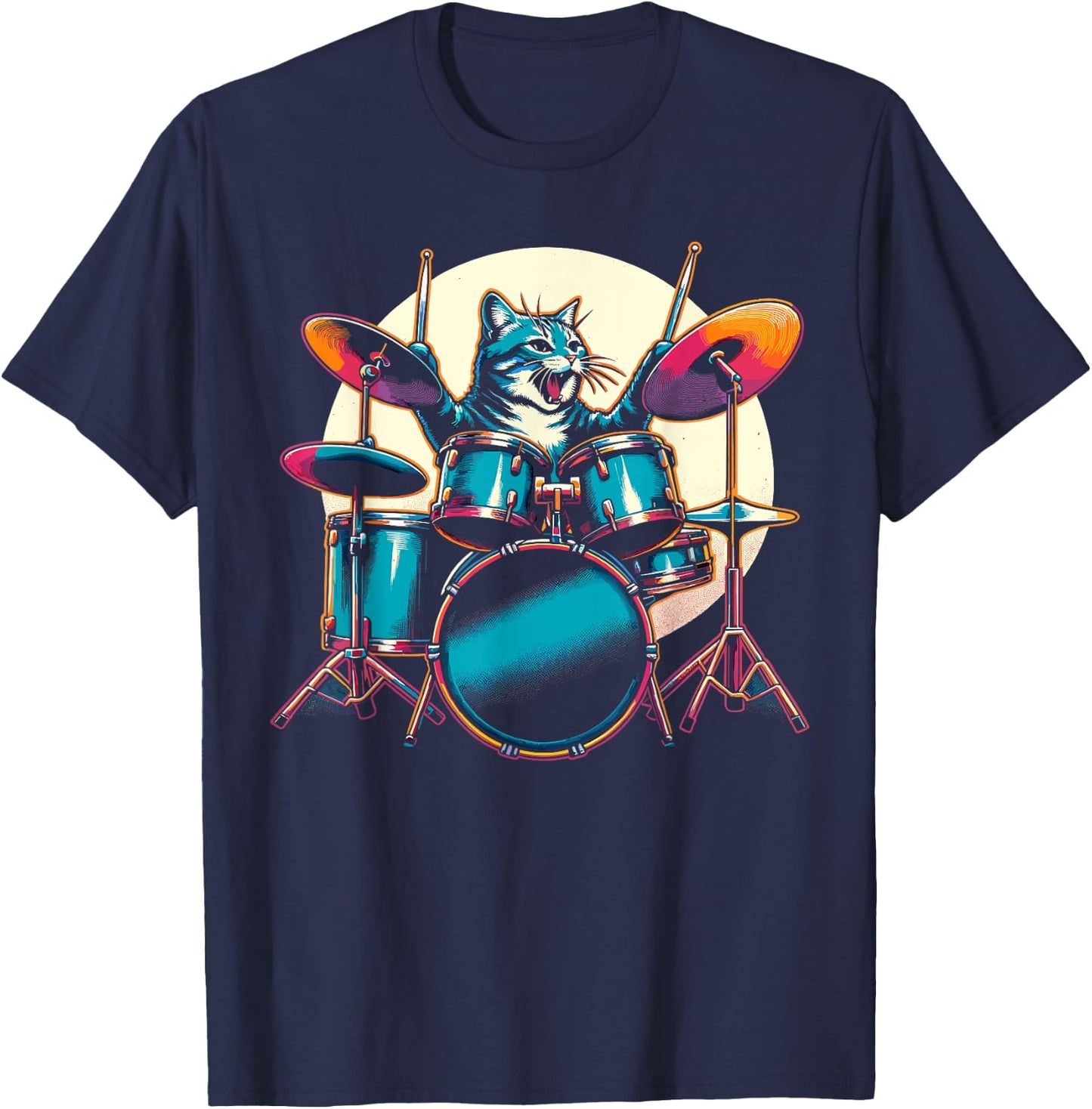 Cat Playing Drums Drummer Novelty Music Lover Funny Drummer T-Shirt - T-Shirt | Navy
