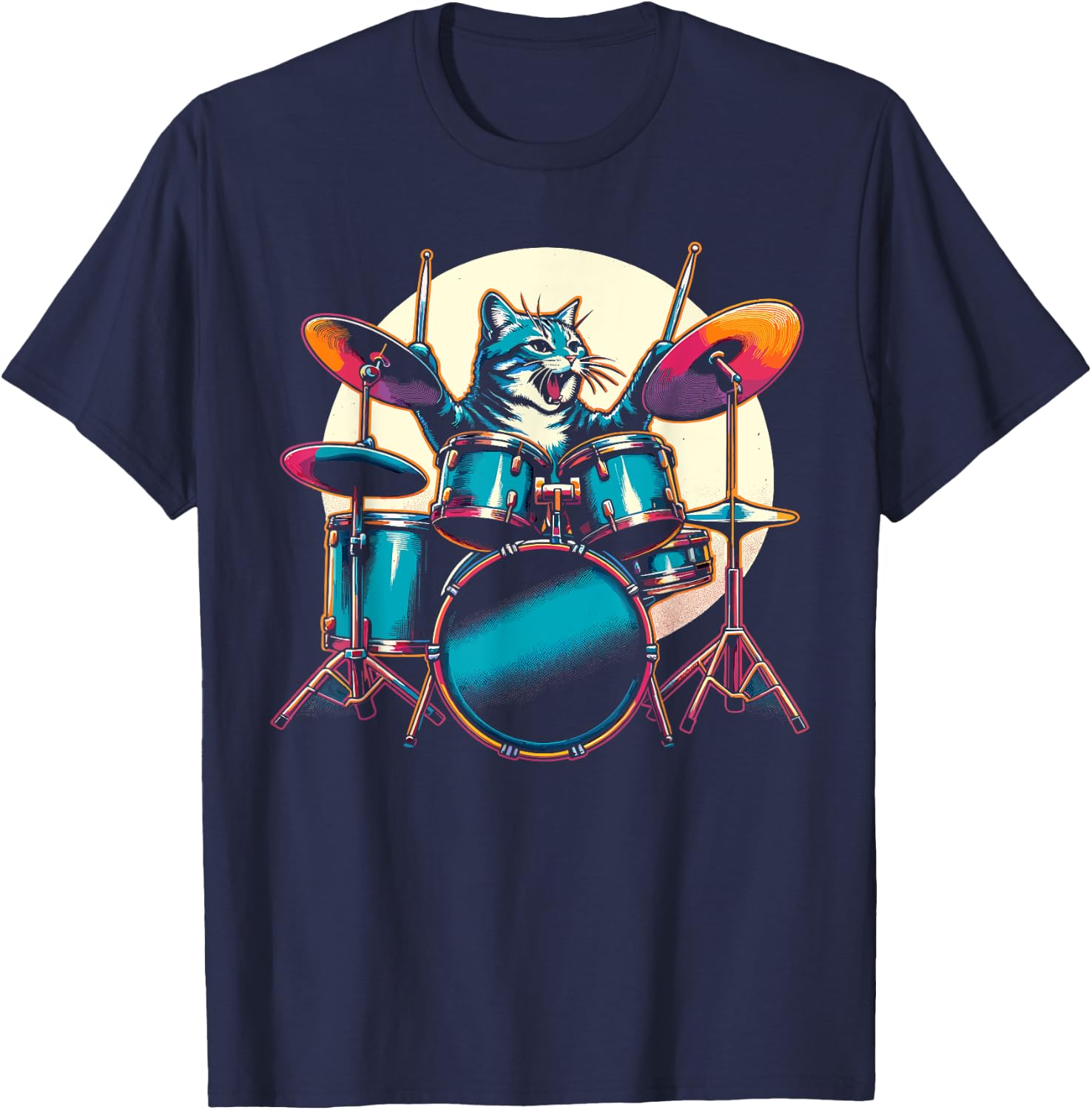 Cat Playing Drums Drummer Novelty Music Lover Funny Drummer T-Shirt - T-Shirt | Navy