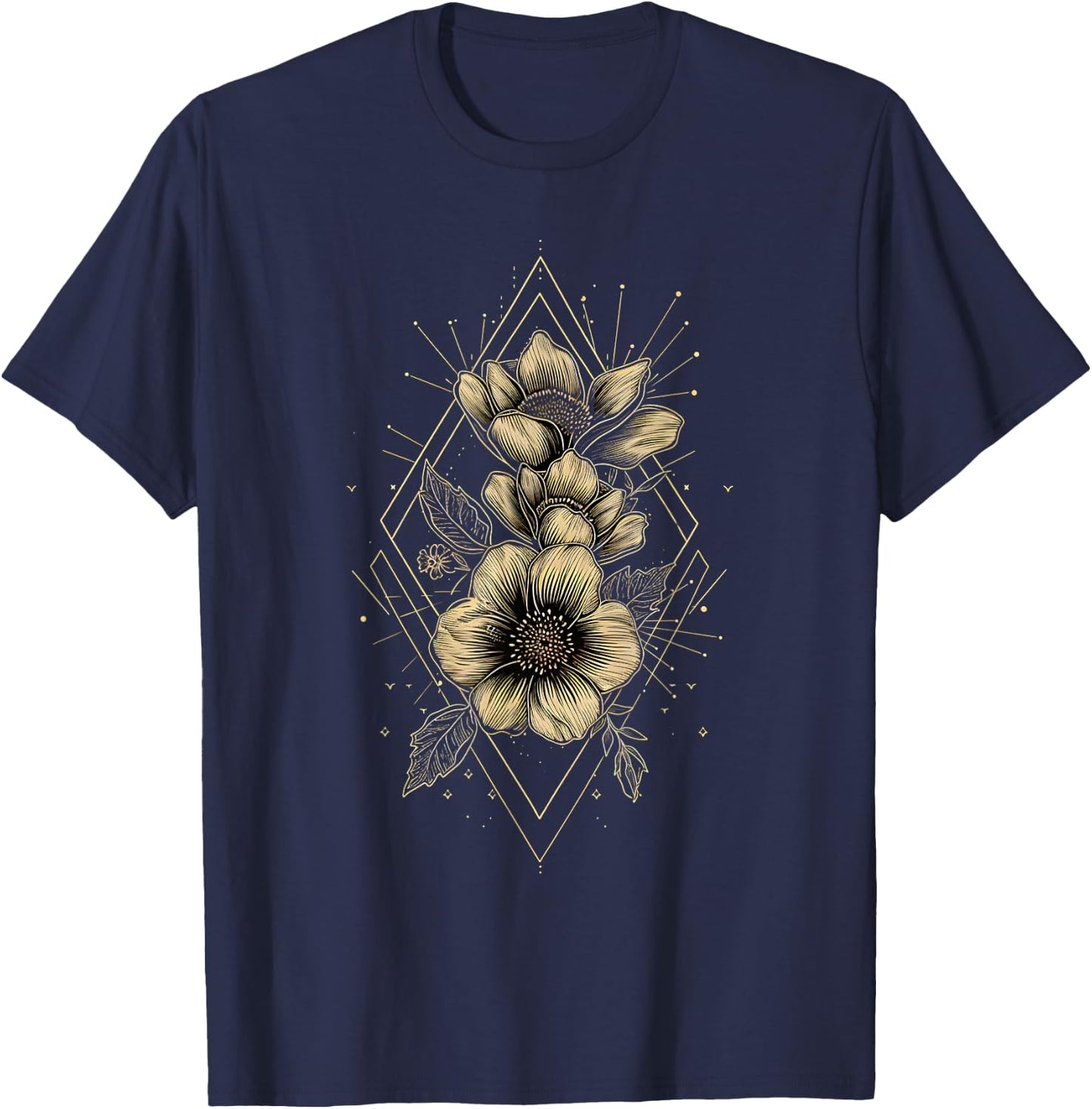 Botanical Harmony Minimalist Flower Graphic T-Shirt - T-Shirt | Navy