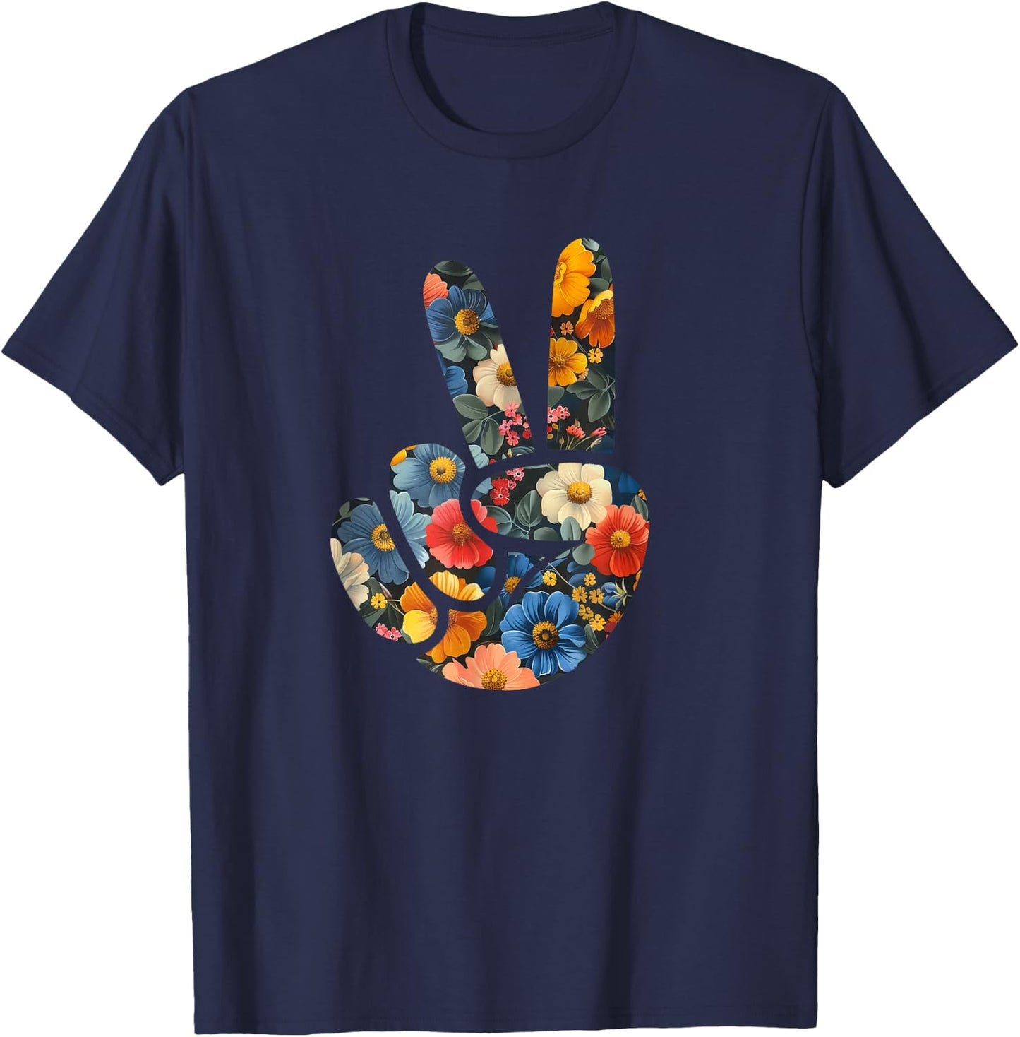 Elegant Silhouette Wildflowers Floral Peace Sign Hand T-Shirt - T-Shirt | Navy