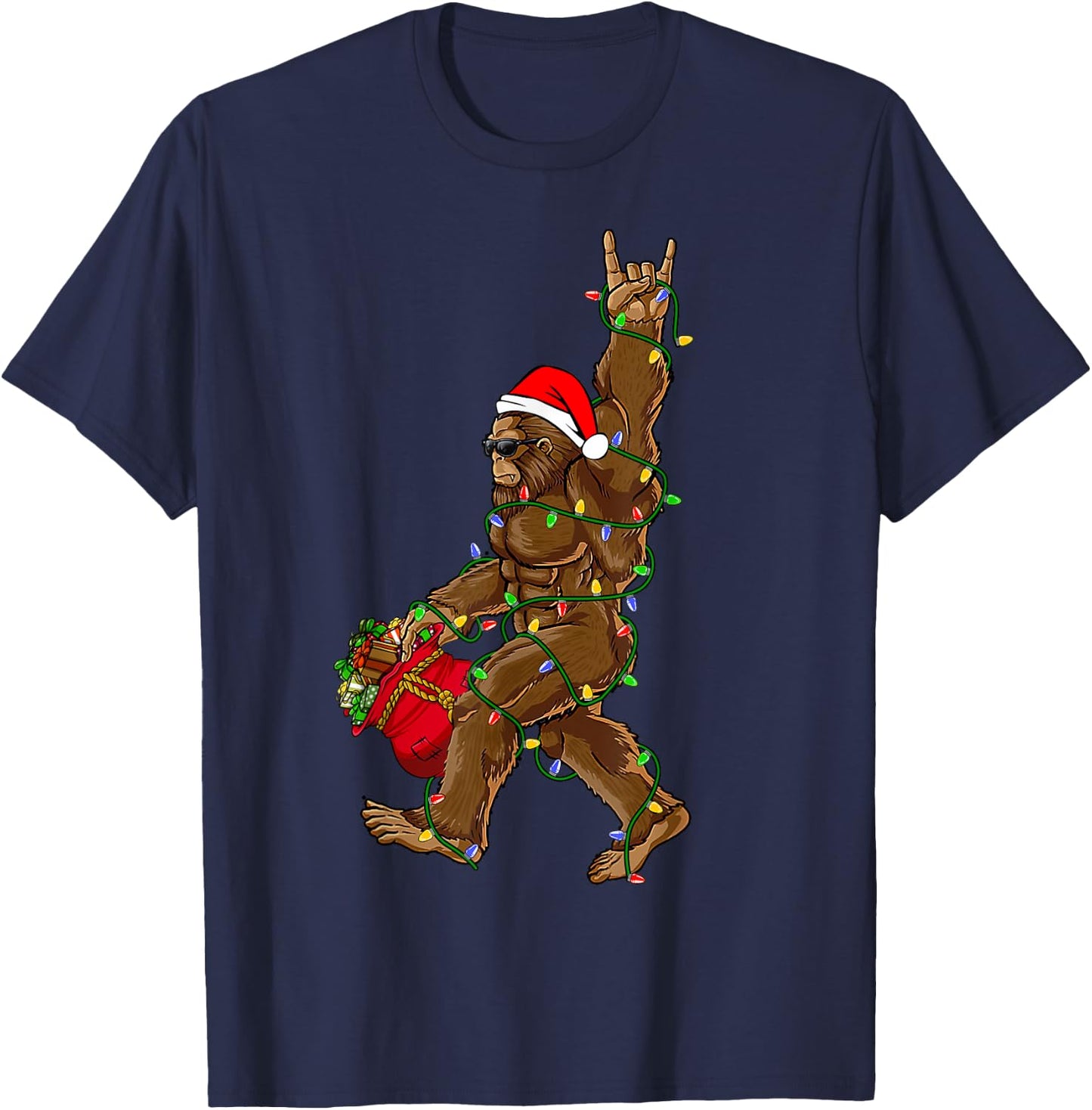 Santa Bigfoot Christmas Lights Rock Funny Sasquatch Believe T-Shirt - T-Shirt | Navy