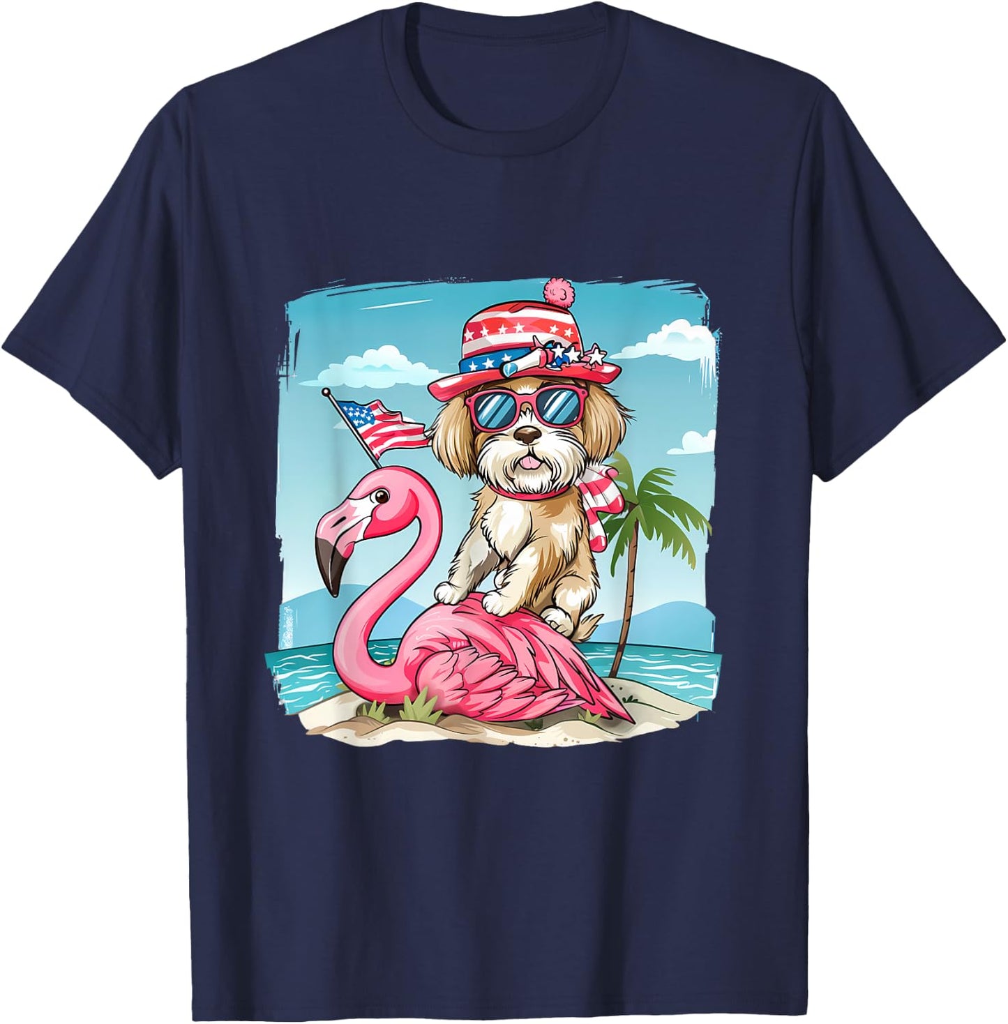 Fourth Of July Flamingo Dog USA American Flag 4th Of July T-Shirt - T-Shirt | Navy