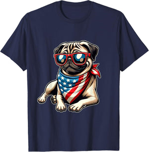 Pug with Bandana Sunglasses 4th of July US Dog American Flag T-Shirt - T-Shirt | Navy