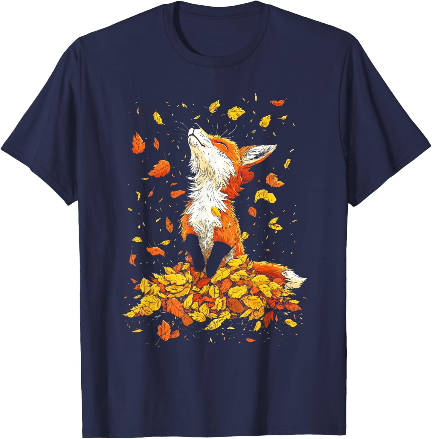 Cute Fox Fall Woodland Forest Autumn Leaves T-Shirt - T-Shirt | Navy