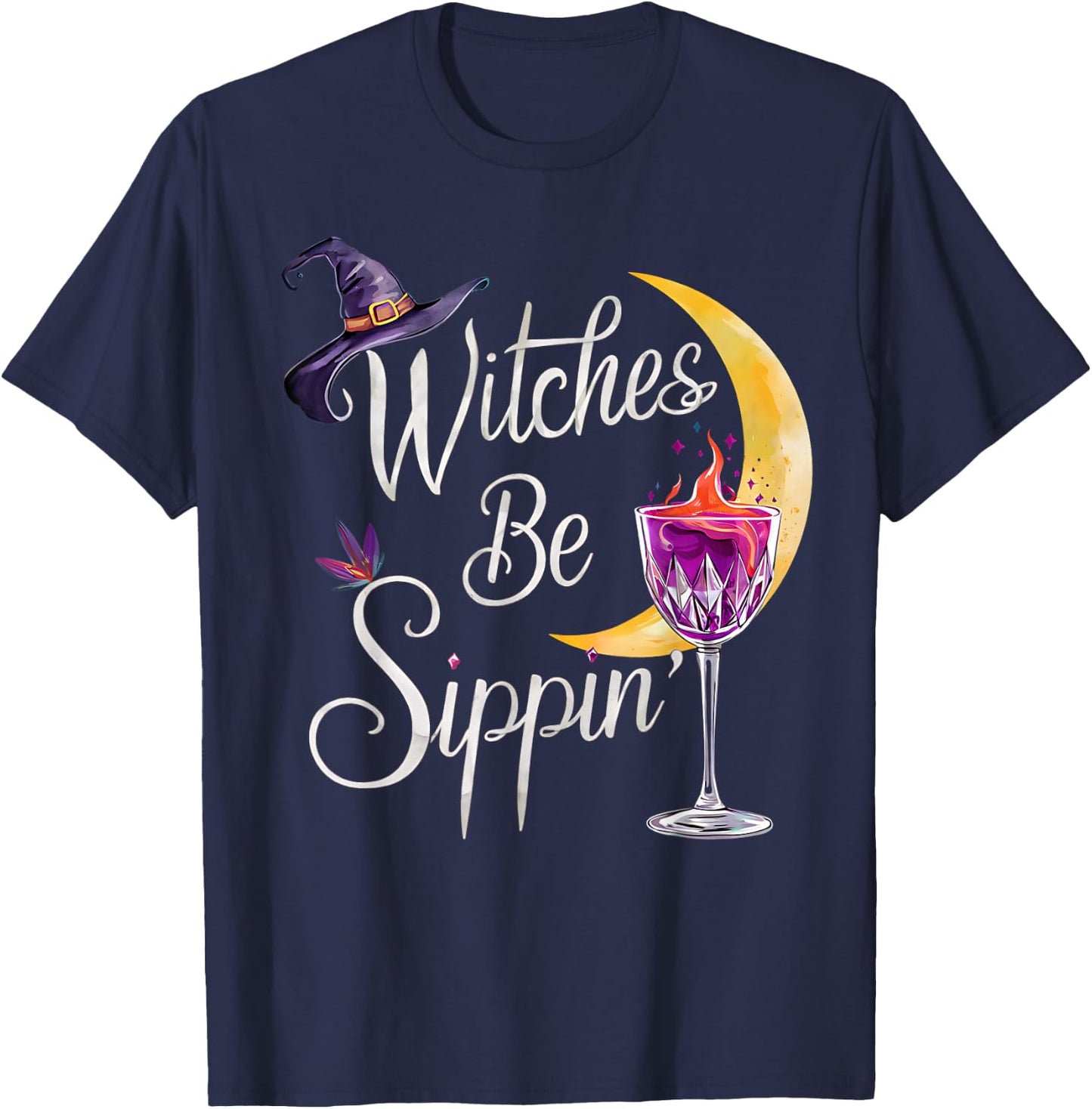Women's Wine Witches Be Sippin Halloween Fun Design T-Shirt - T-Shirt | Navy