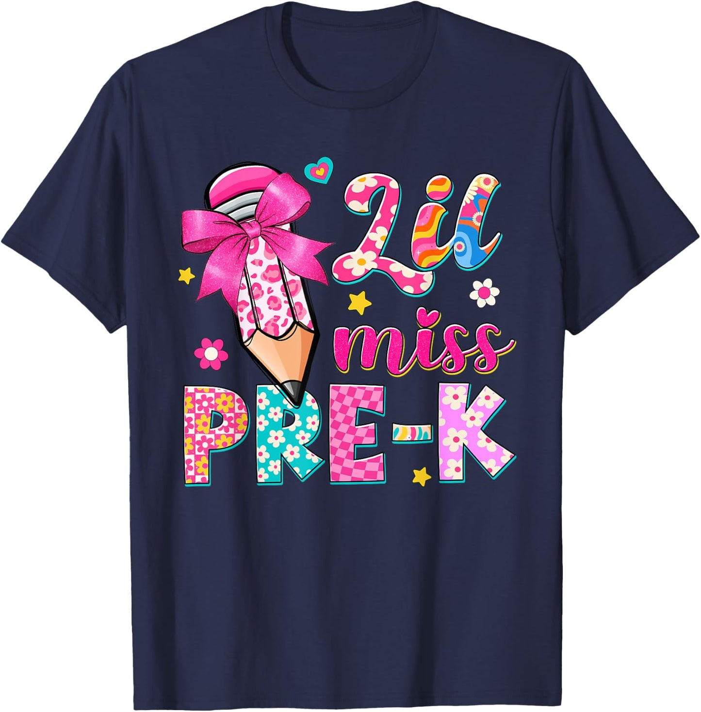 Pencil Bow Lil Miss Pre-K Pre-K Funny Back To School T-Shirt - T-Shirt | Navy