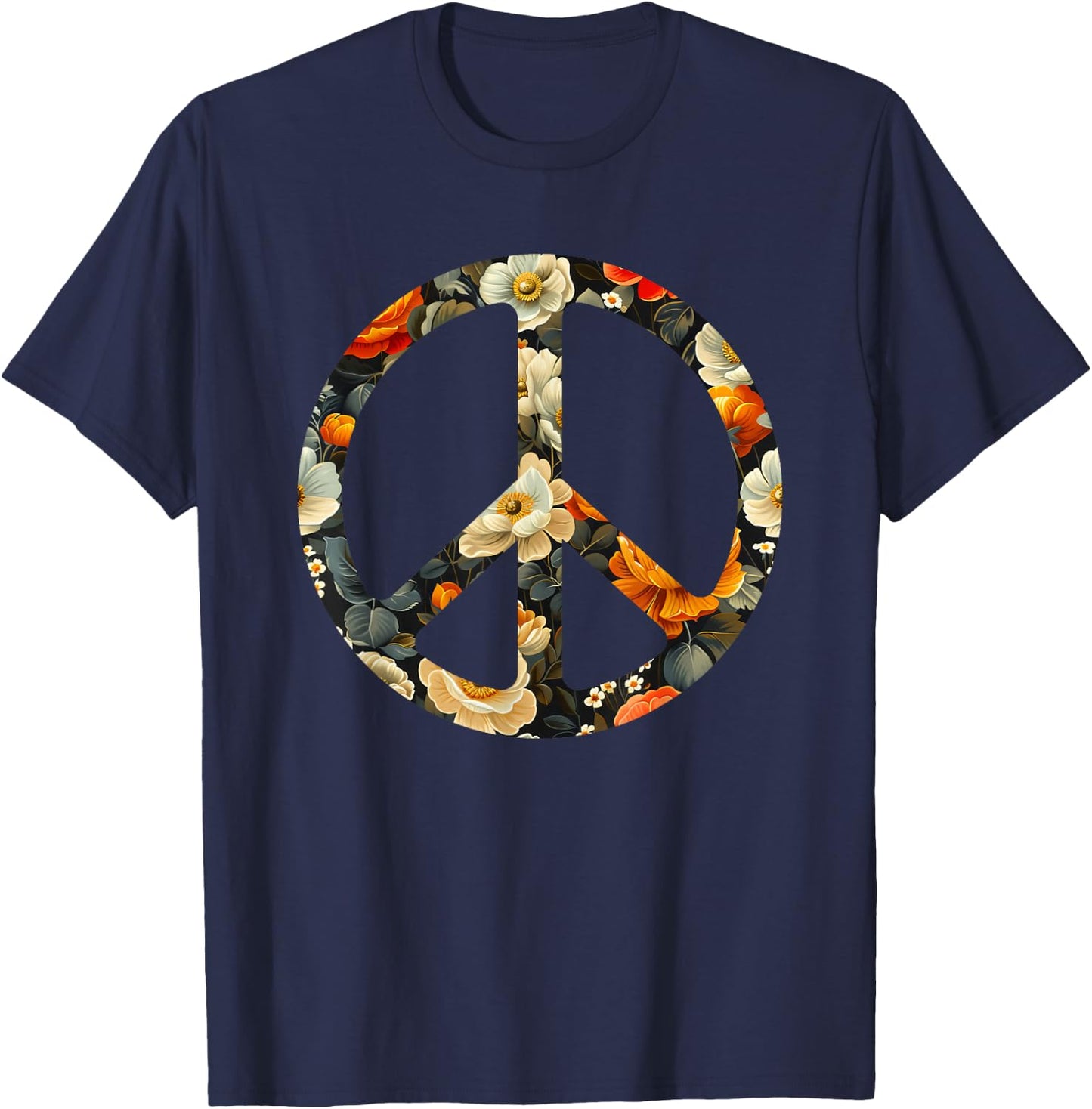 Blooming Harmony Symbol Floral Peace Sign T-Shirt - T-Shirt | Navy