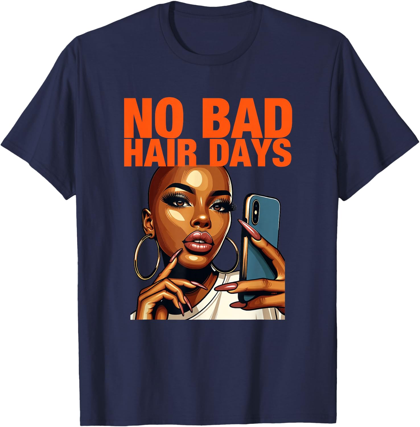 Bald African American Woman | No Bad Hair Days T-Shirt - T-Shirt | Navy