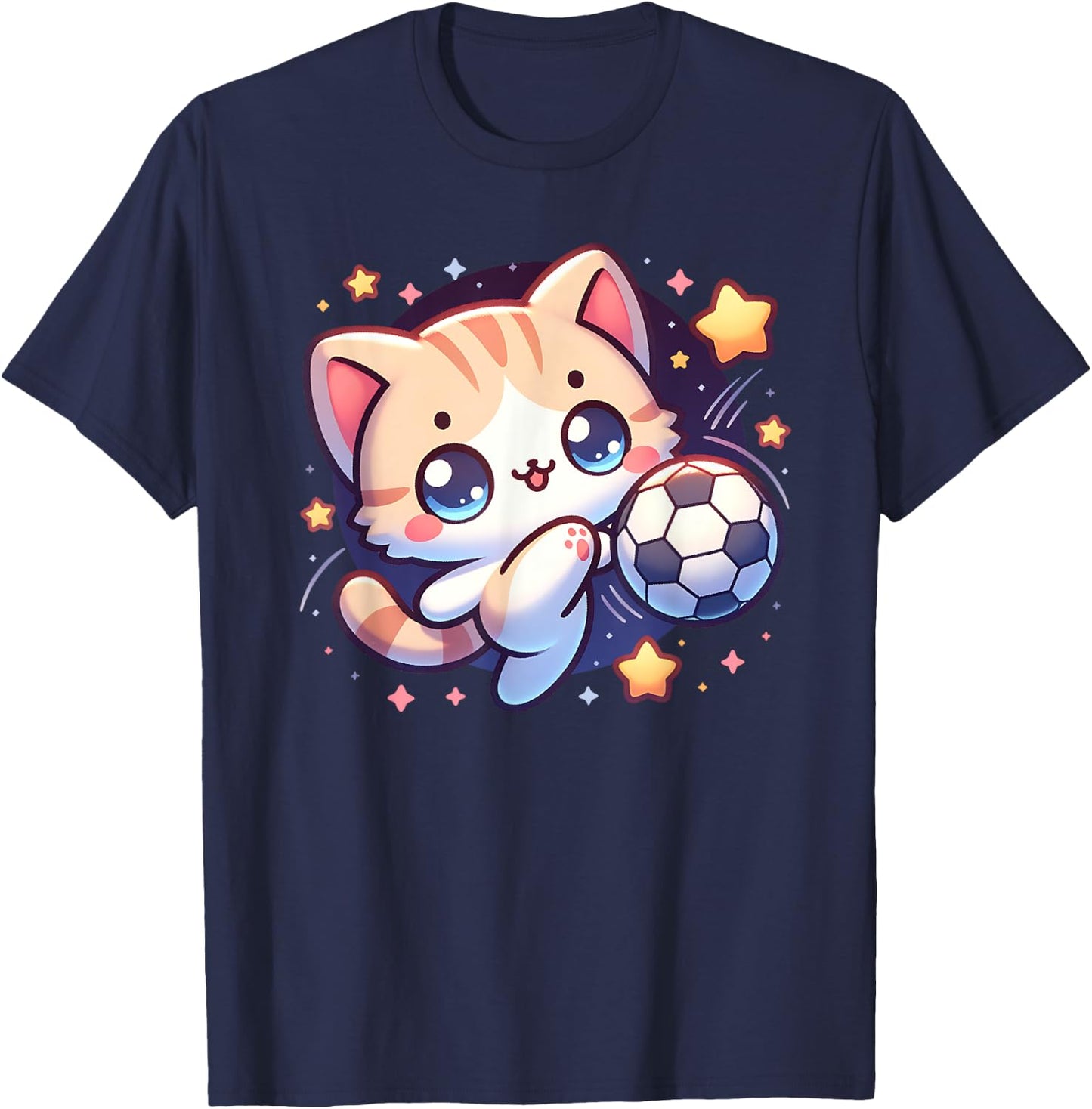 Cat Kitten Soccer Player Kicking Soccer Ball Cute Graphic Men Women Girls Kids T-Shirt - T-Shirt | Navy