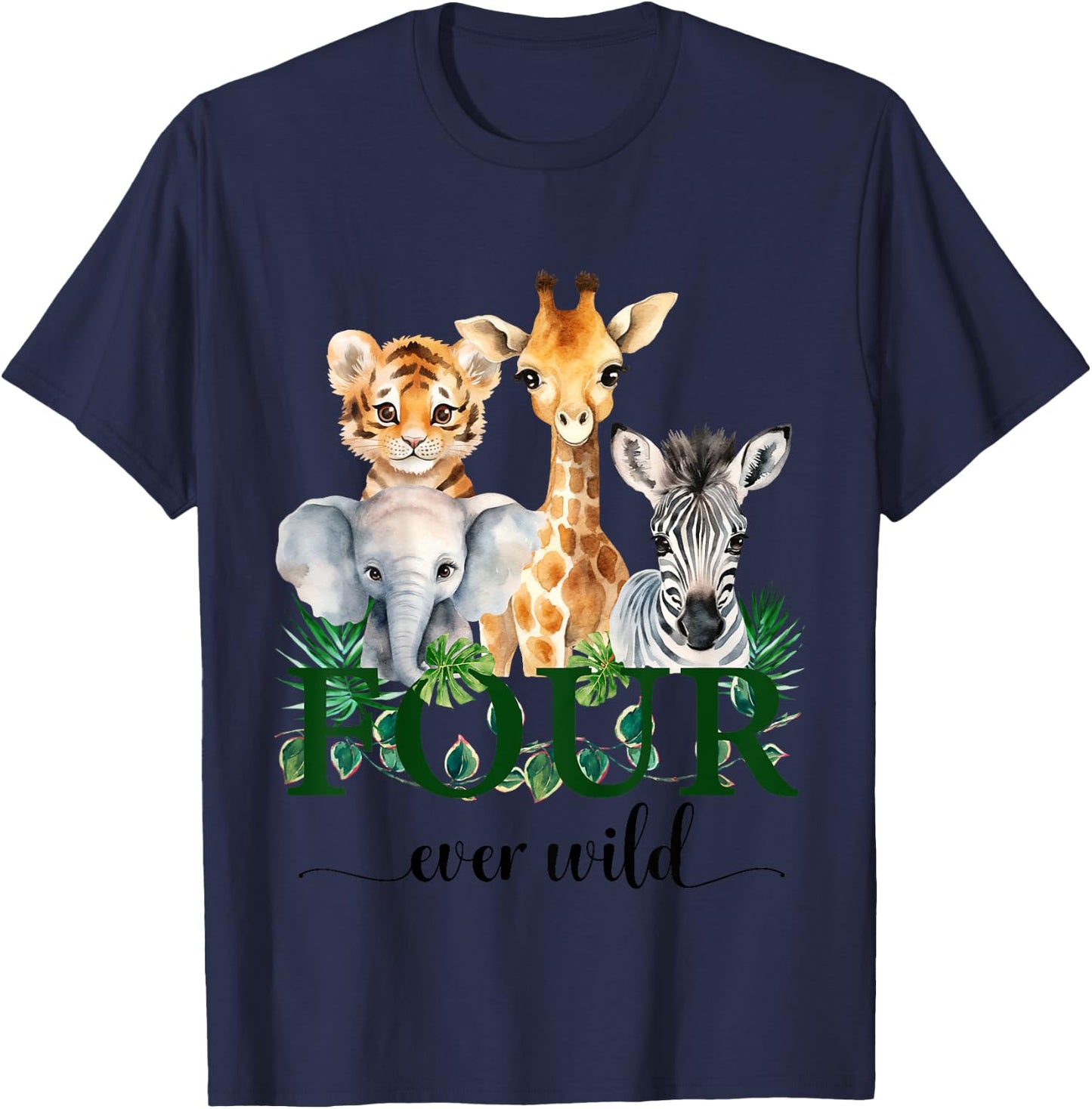 Kids Jungle Birthday Four Ever Wild Zoo Safari Party 4th Animals T-Shirt - T-Shirt | Navy