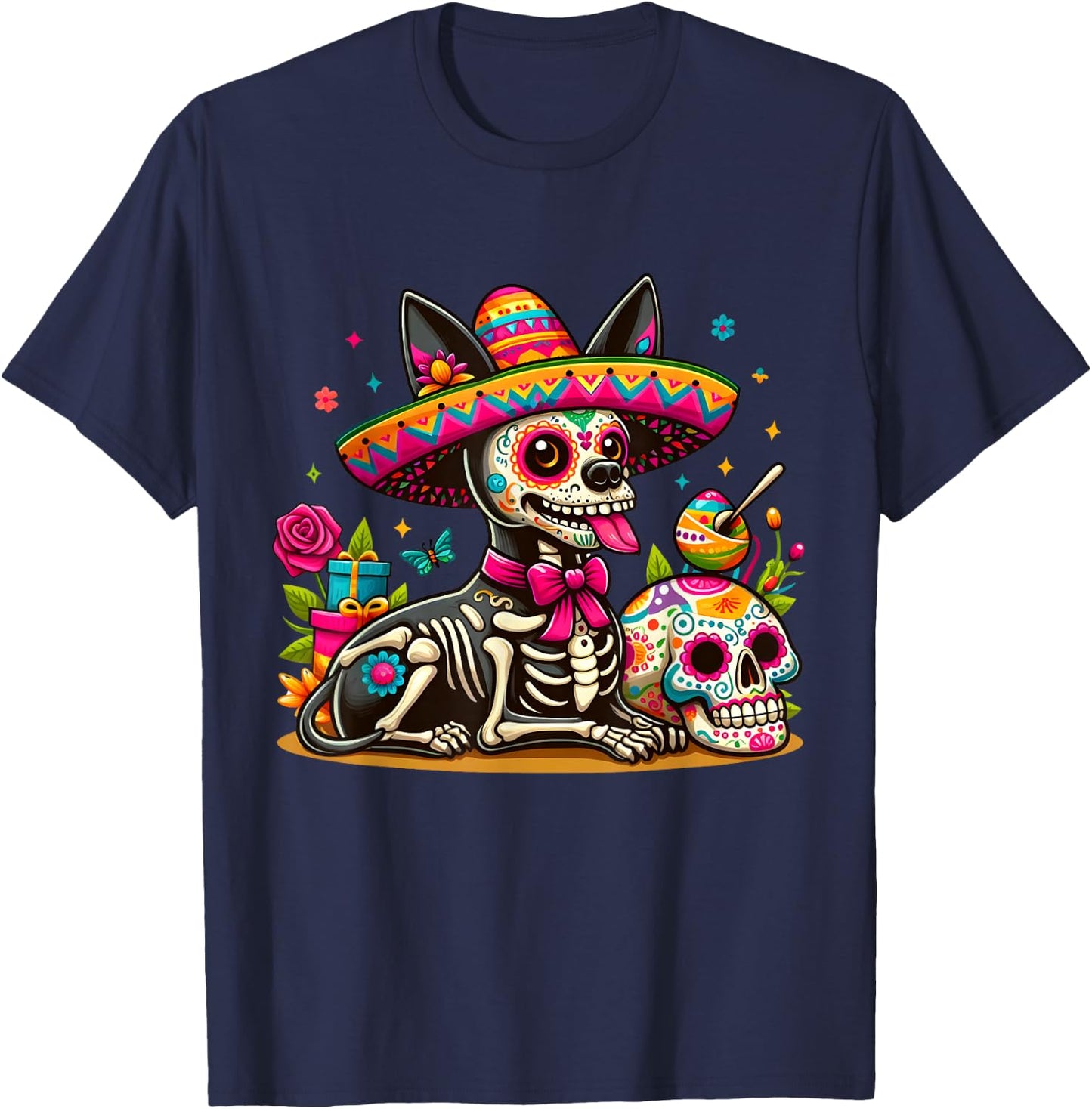 Cinco De Mayo Sugar Skull Xoloitzcuintli Dog Sombrero T-Shirt - T-Shirt | Navy