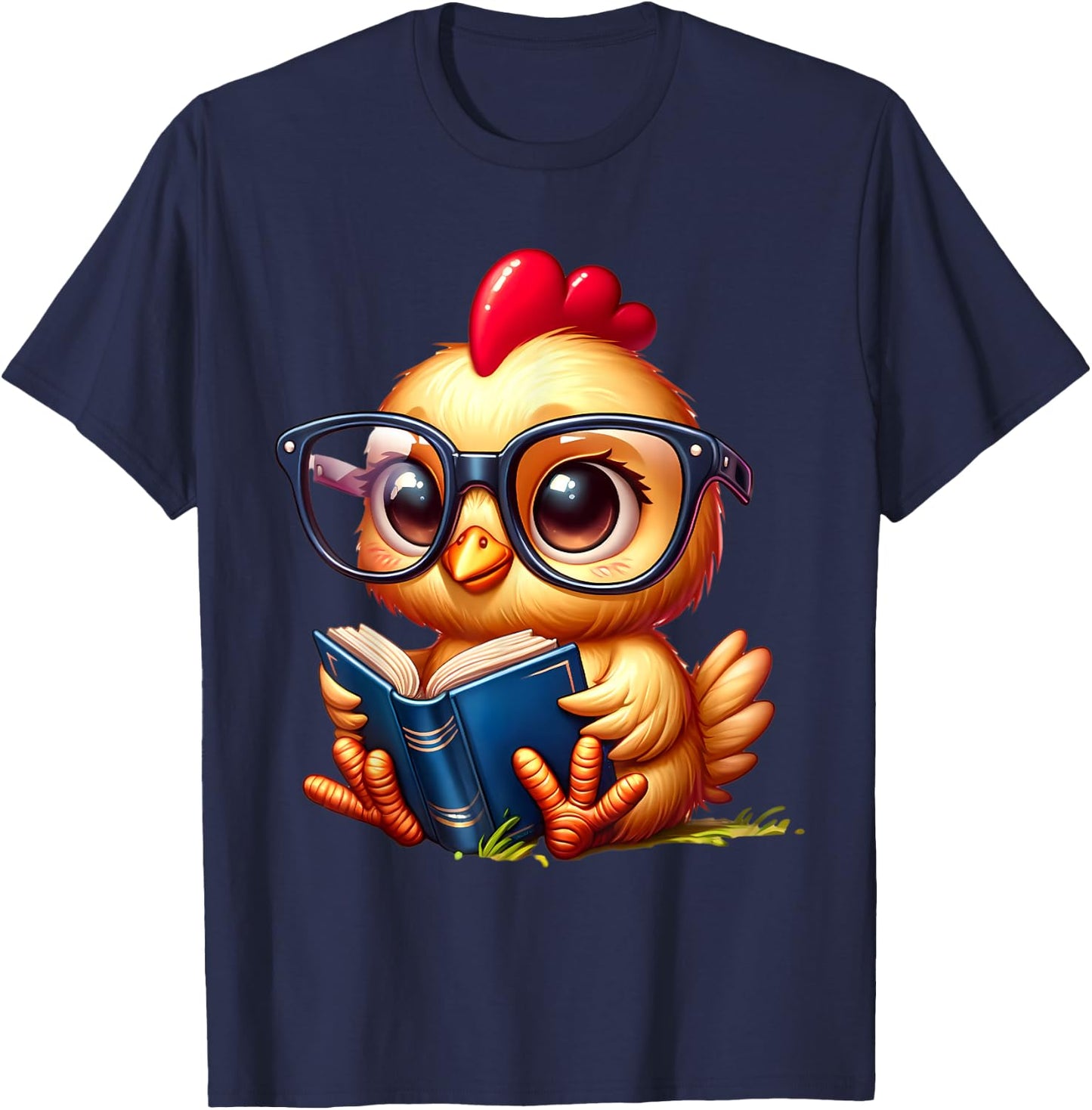 Chicken Reading a Book Farm Animal Chick T-Shirt - T-Shirt | Navy