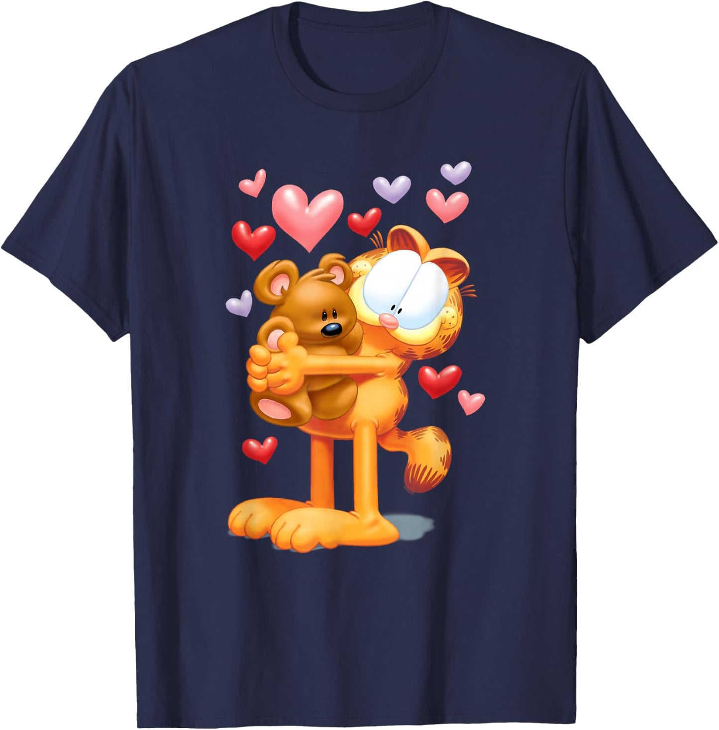 Garfield Hugging Pooky Hearts 3D Valentine's Day Cartoon Cat T-Shirt - T-Shirt | Navy