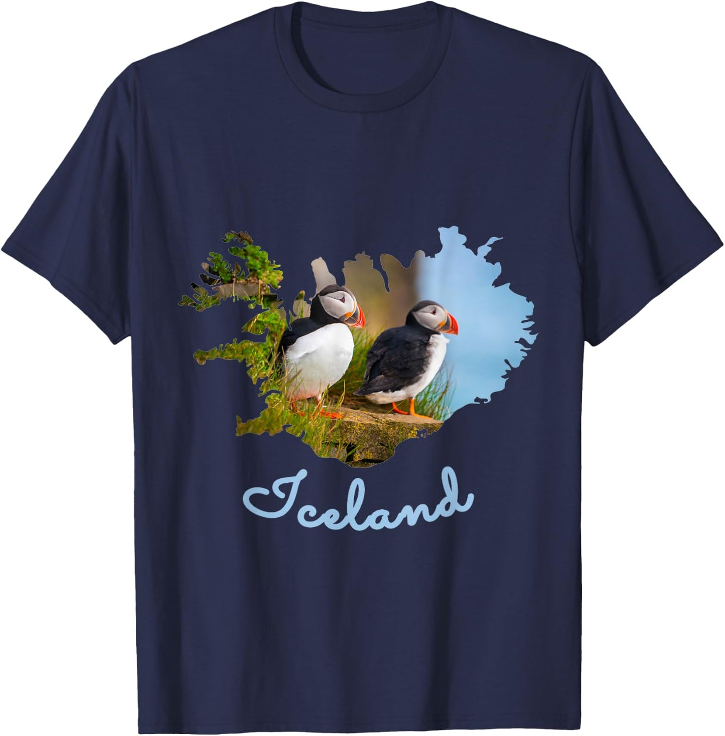 Puffin Bird Iceland Map Outline & Text Design T-Shirt - T-Shirt | Navy