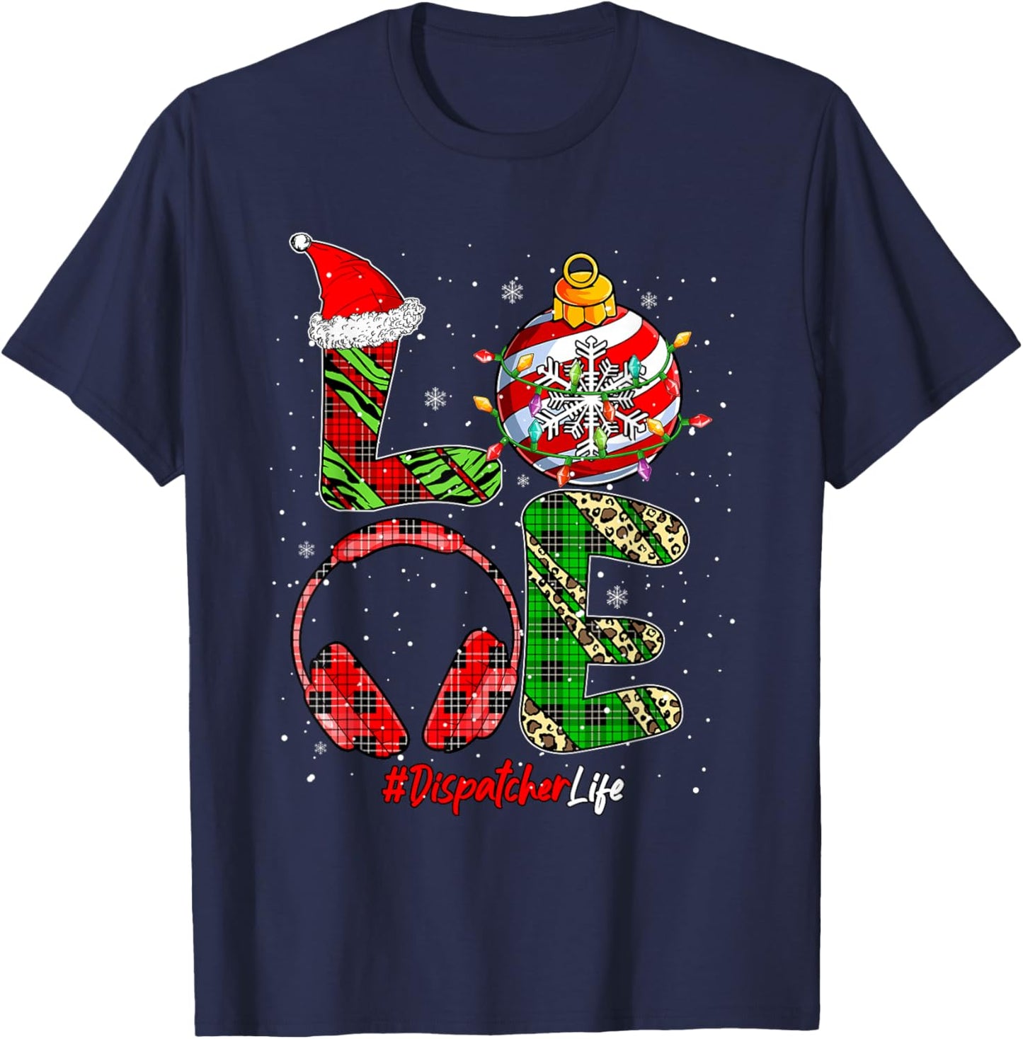 LOVE Dispatcher Job Christmas Leopard Colorful Costume Team T-Shirt - T-Shirt | Navy