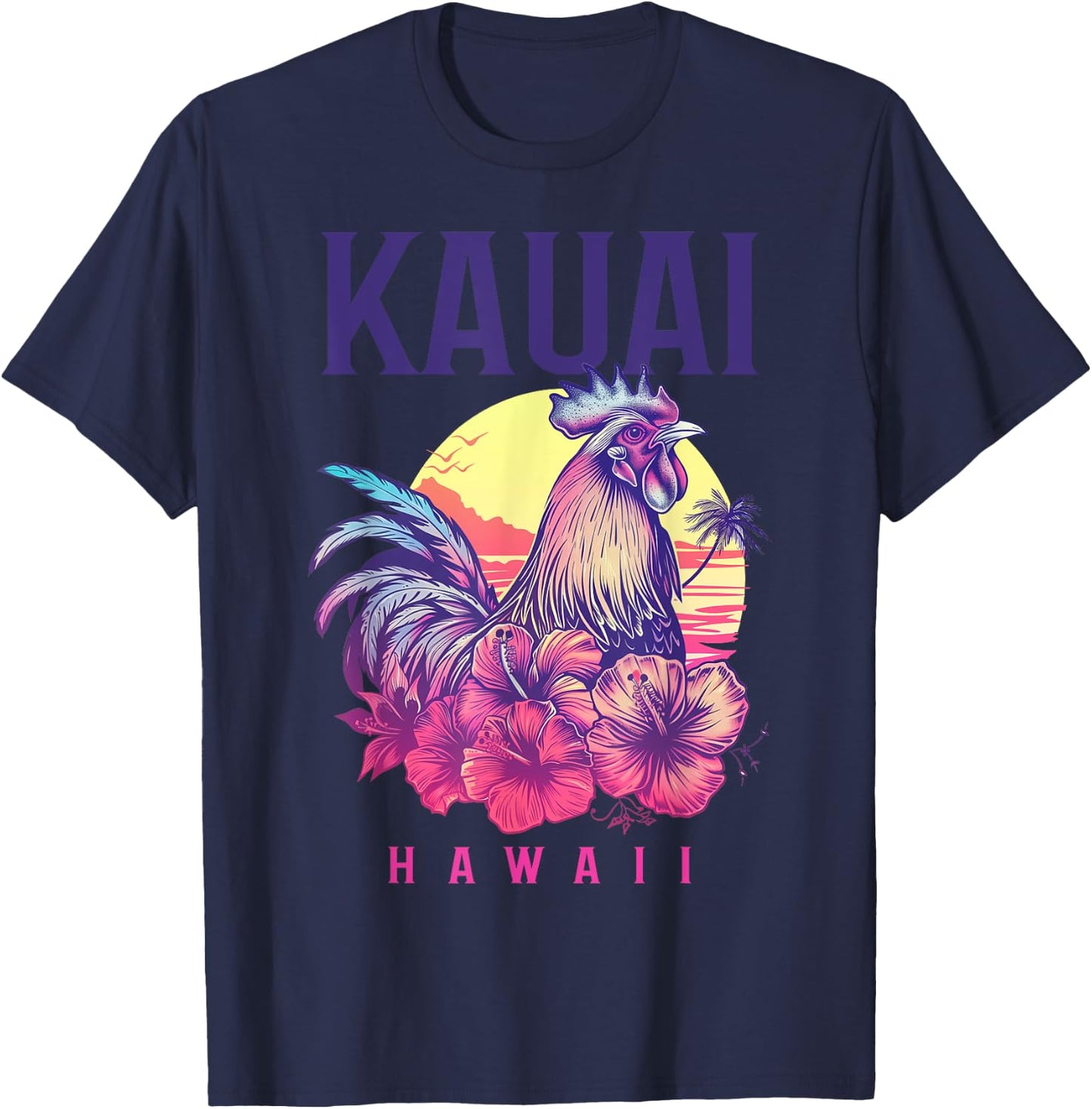 Kauai Hawaii Chicken Hawaiian Hibiscus Flowers Vintage T-Shirt - T-Shirt | Navy