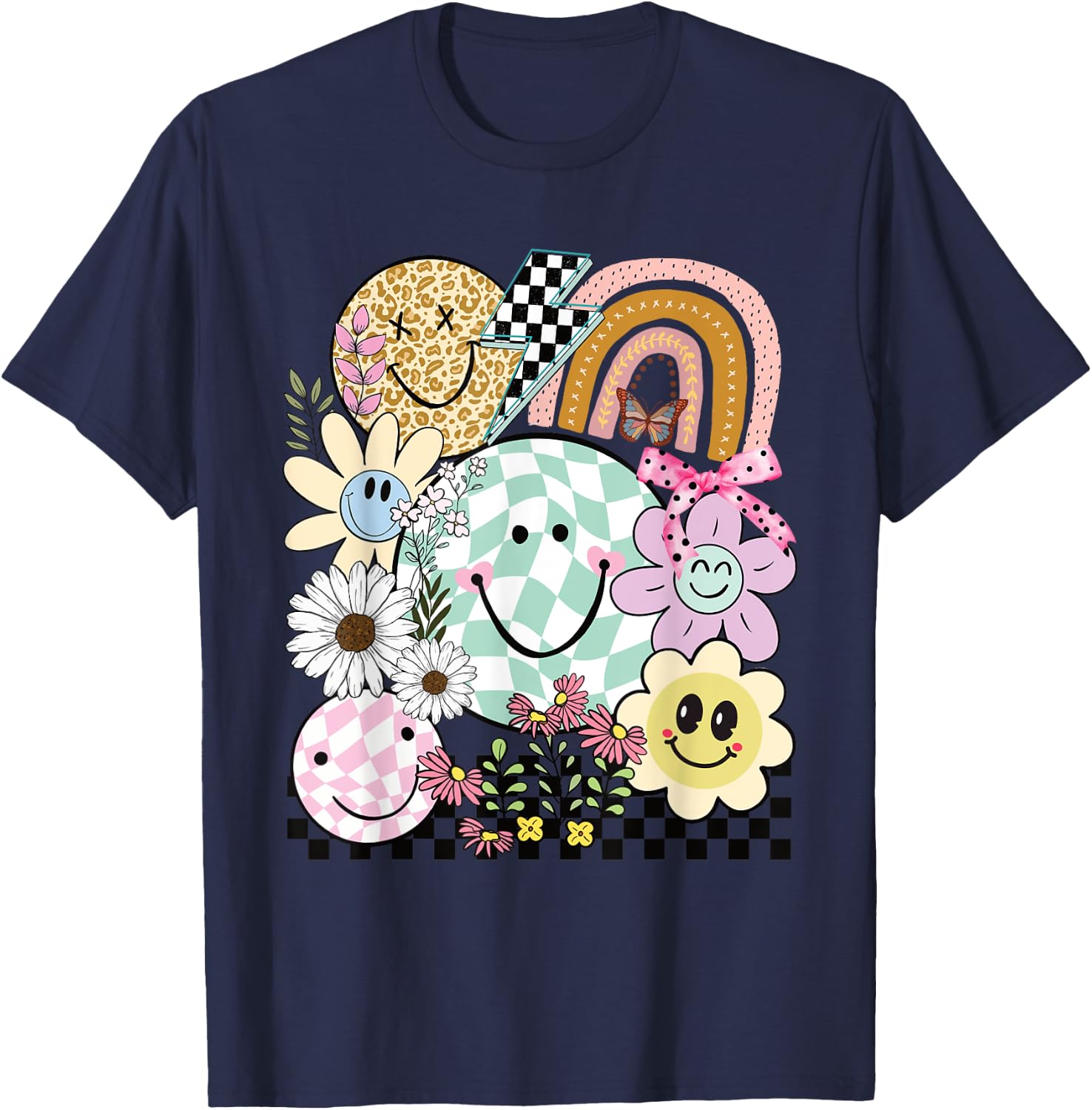 Funny Checkered Happy Smiling Smile Face Daisy Flower Girl T-Shirt - T-Shirt | Navy