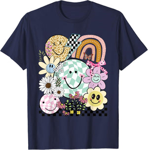 Funny Checkered Happy Smiling Smile Face Daisy Flower Girl T-Shirt - T-Shirt | Navy