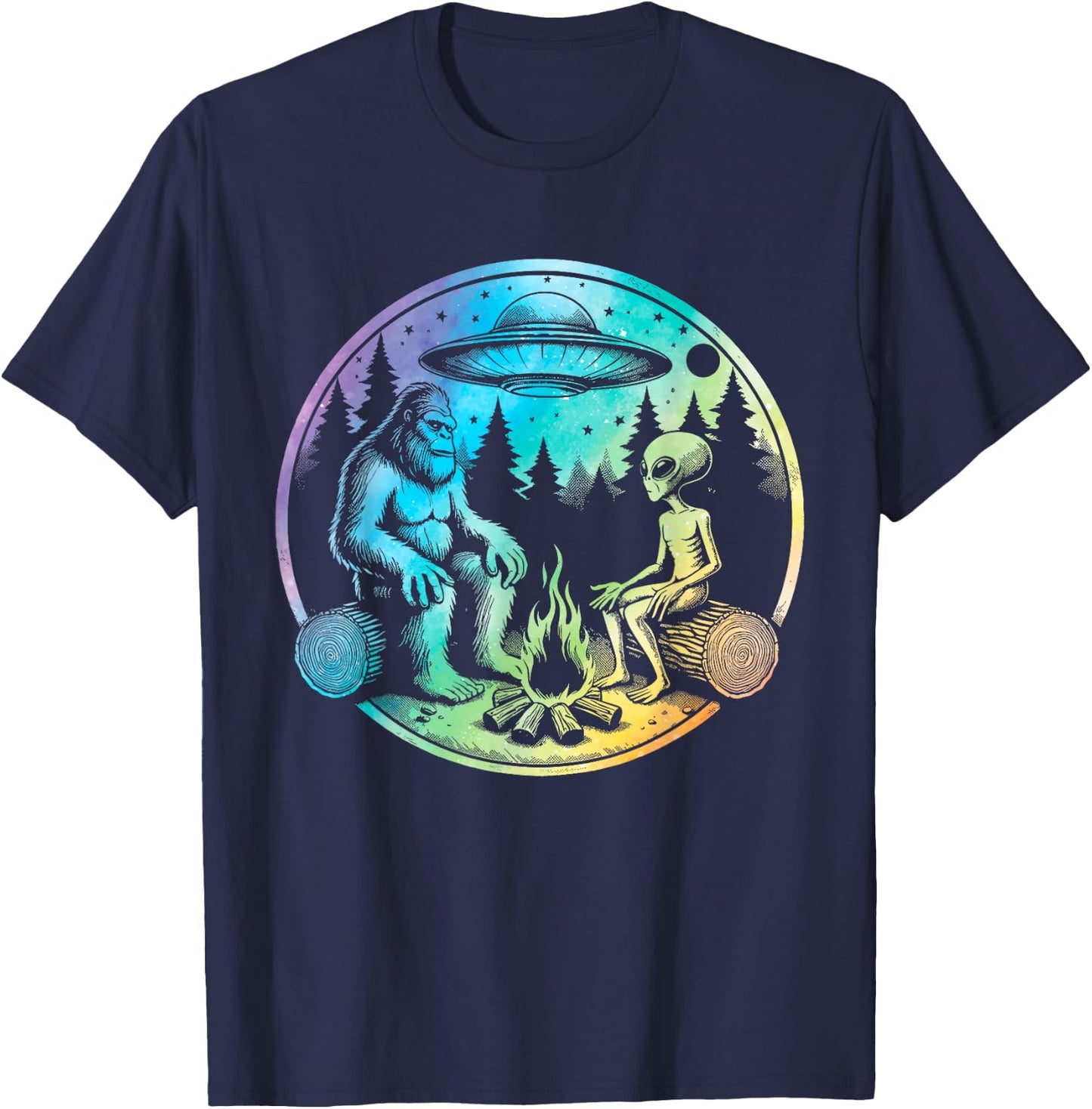 Bigfoot and alien sasquatch camping tie dye T-Shirt - T-Shirt | Navy