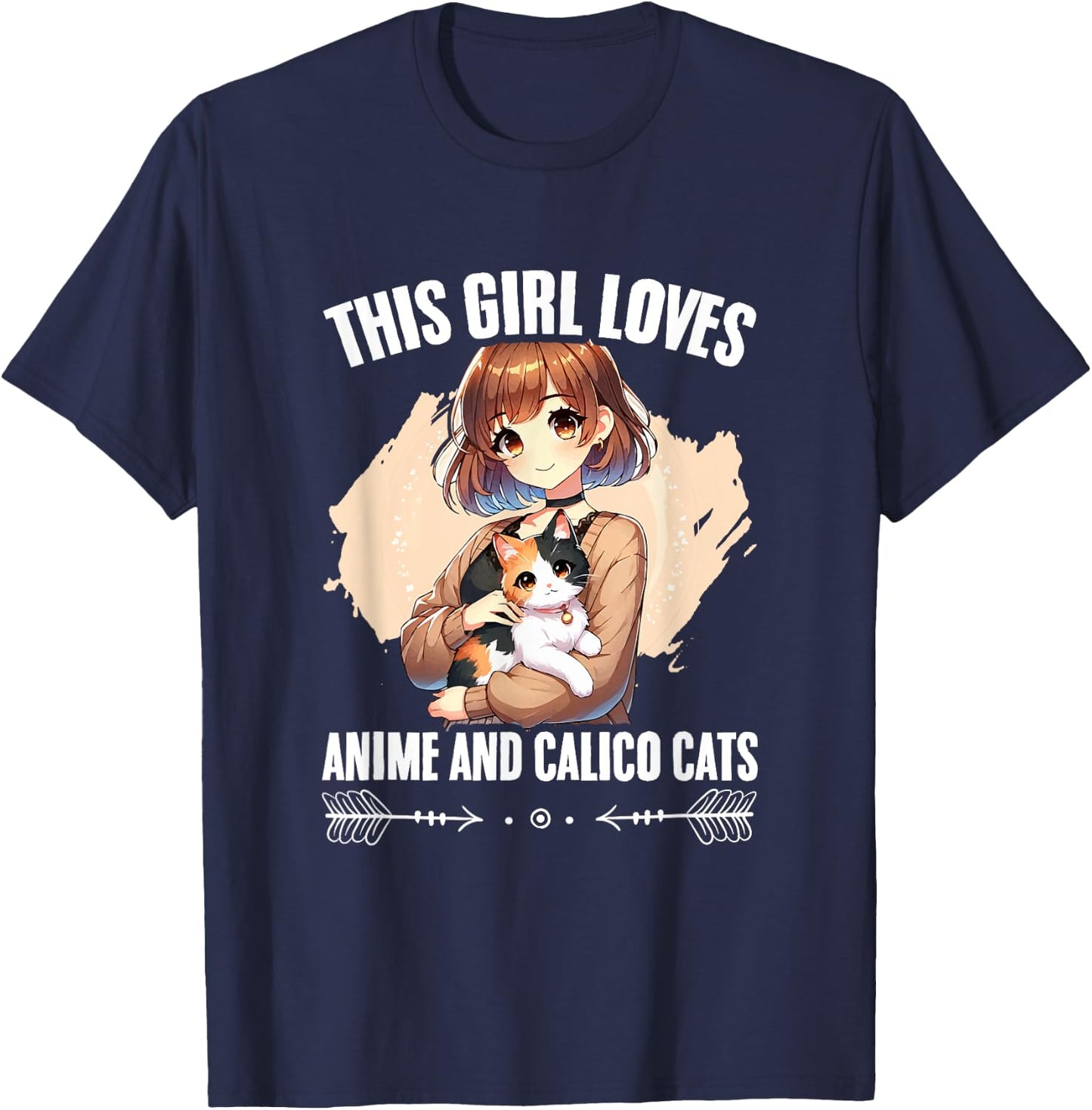 Kawaii Feline Animal Japan Anime Girl And Calico Cat Girl T-Shirt - T-Shirt | Navy