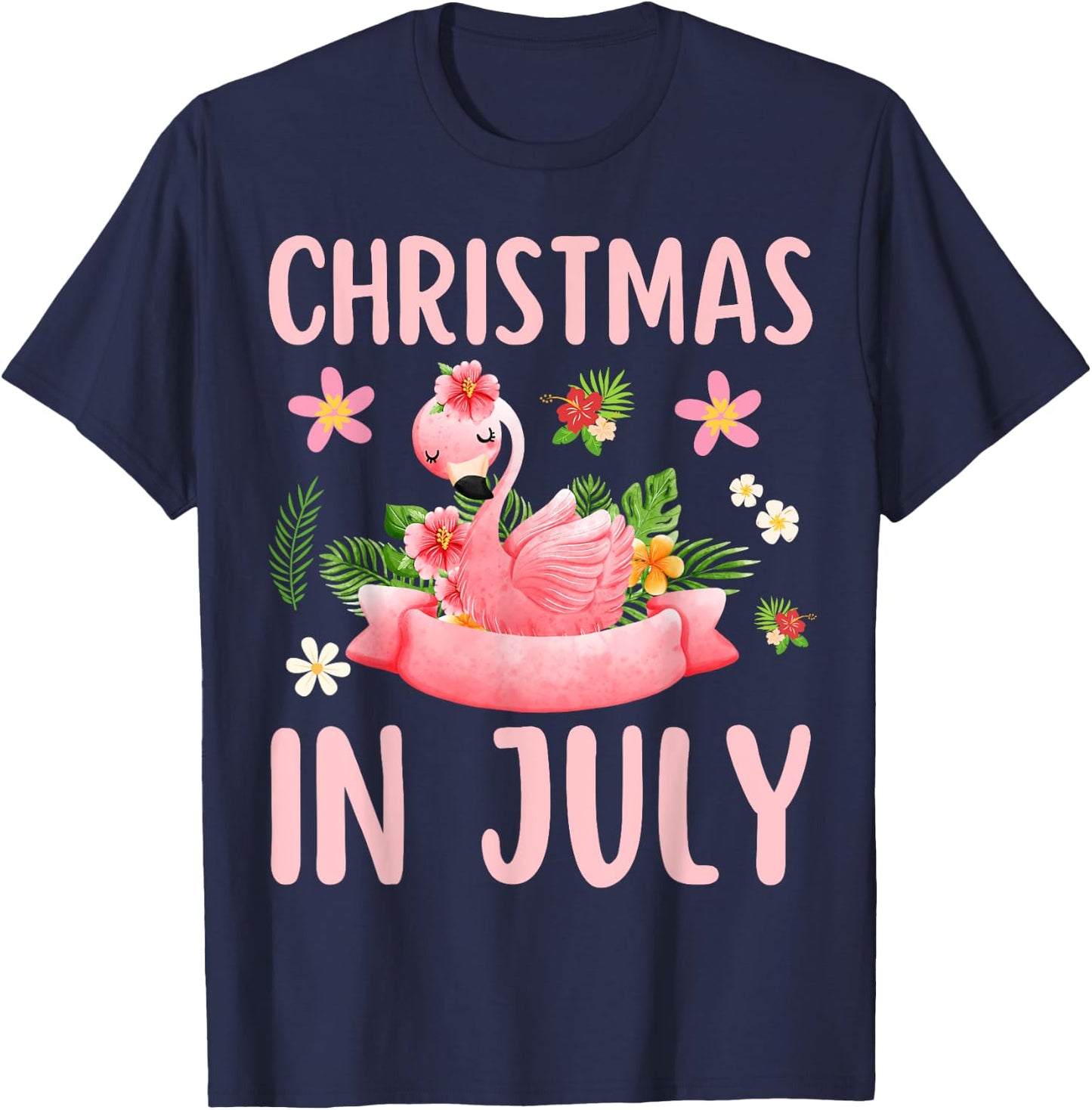 Christmas In July Shirts Pink Flamingo T-Shirt - T-Shirt | Navy