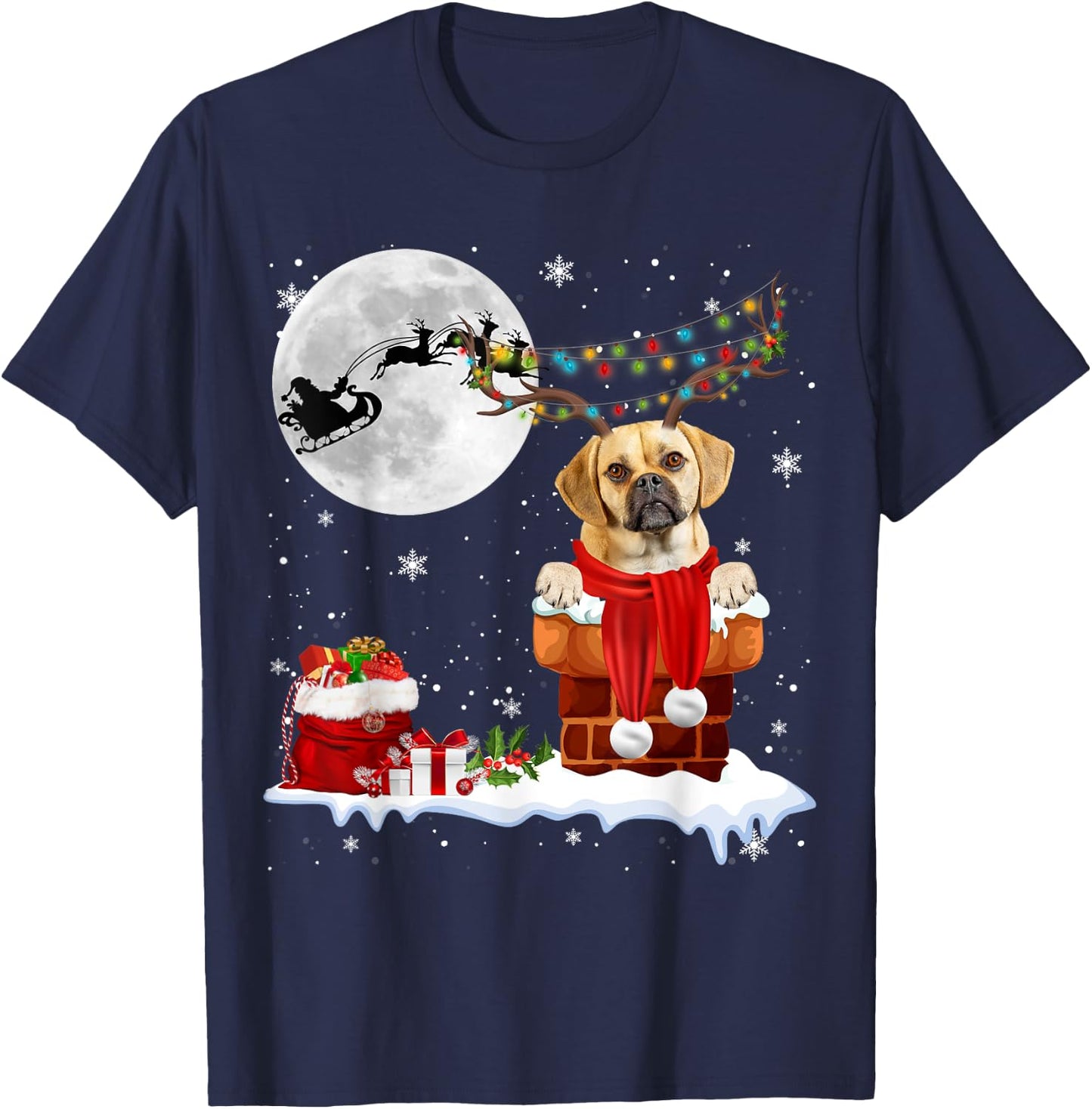 Puggle Dog Chimney Ugly Christmas Lights Xmas Pajamas Men Women Kids T-Shirt - T-Shirt | Navy