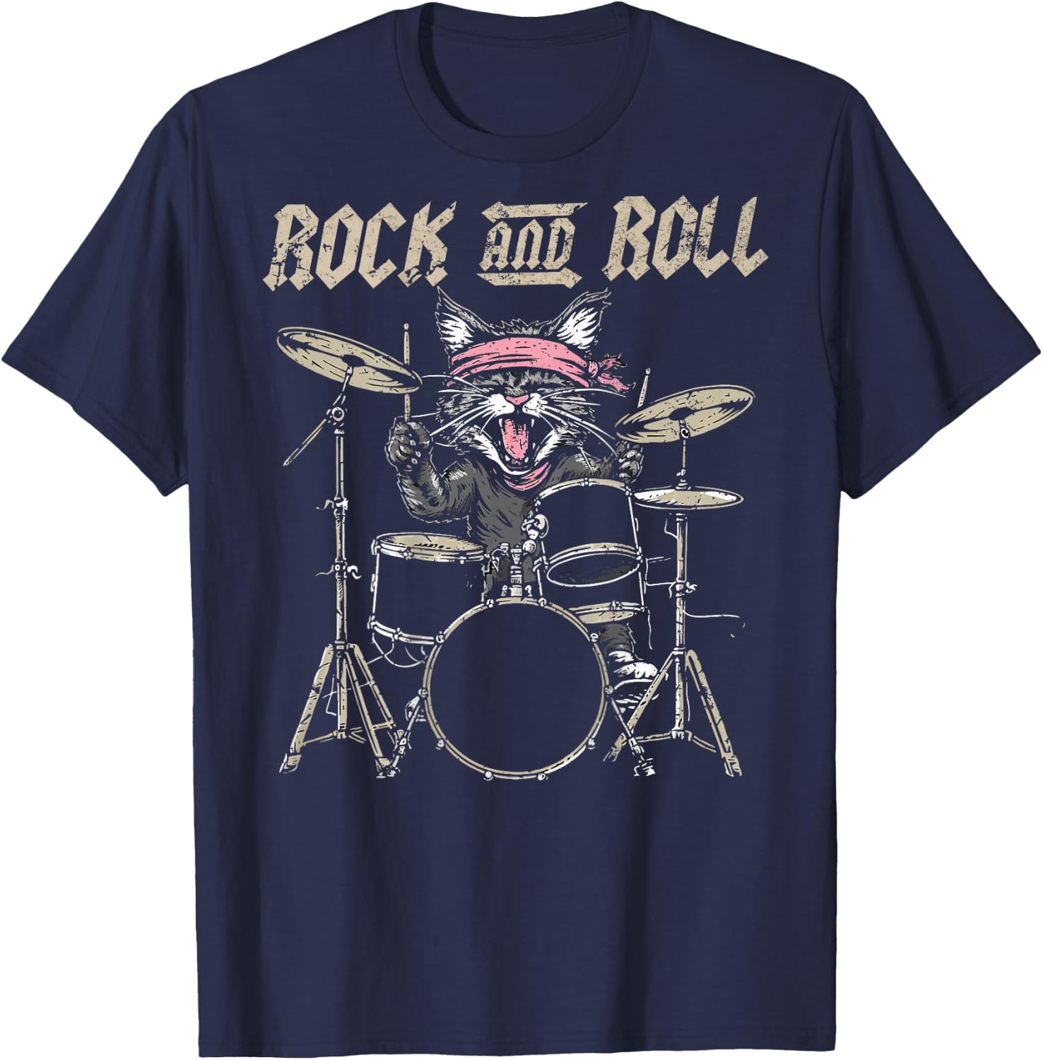 Rock and Roll Cat Drum Vintage ROCK Cat Drummer (ART BACK) Women Kids T-Shirt - T-Shirt | Navy