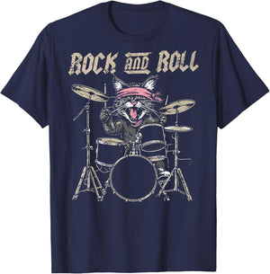 Rock and Roll Cat Drum Vintage ROCK Cat Drummer (ART BACK) Women Kids T-Shirt - T-Shirt | Navy