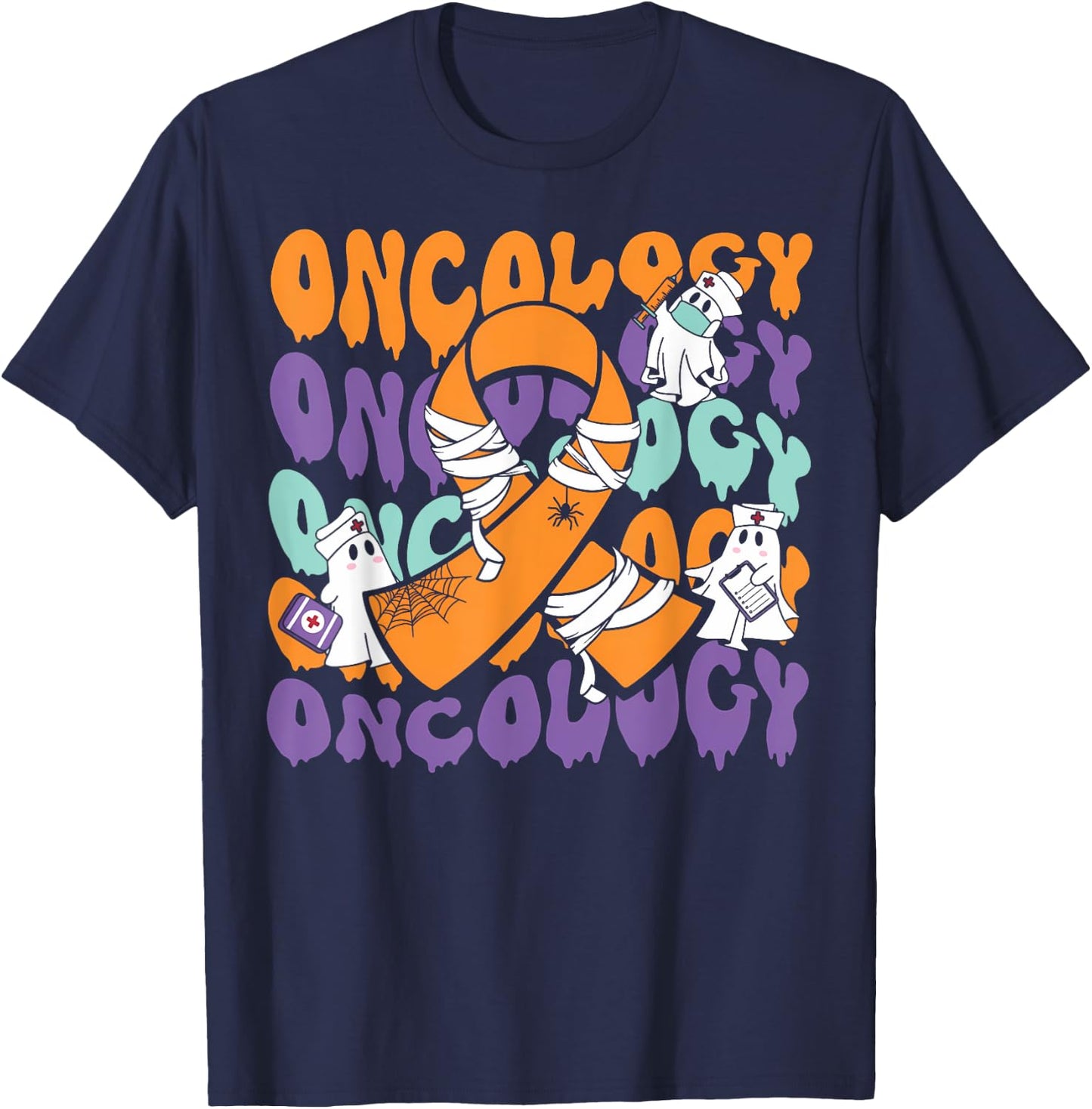Oncology Nurse Halloween Ribbon Heme Onc RN Cancer Awareness T-Shirt - T-Shirt | Navy
