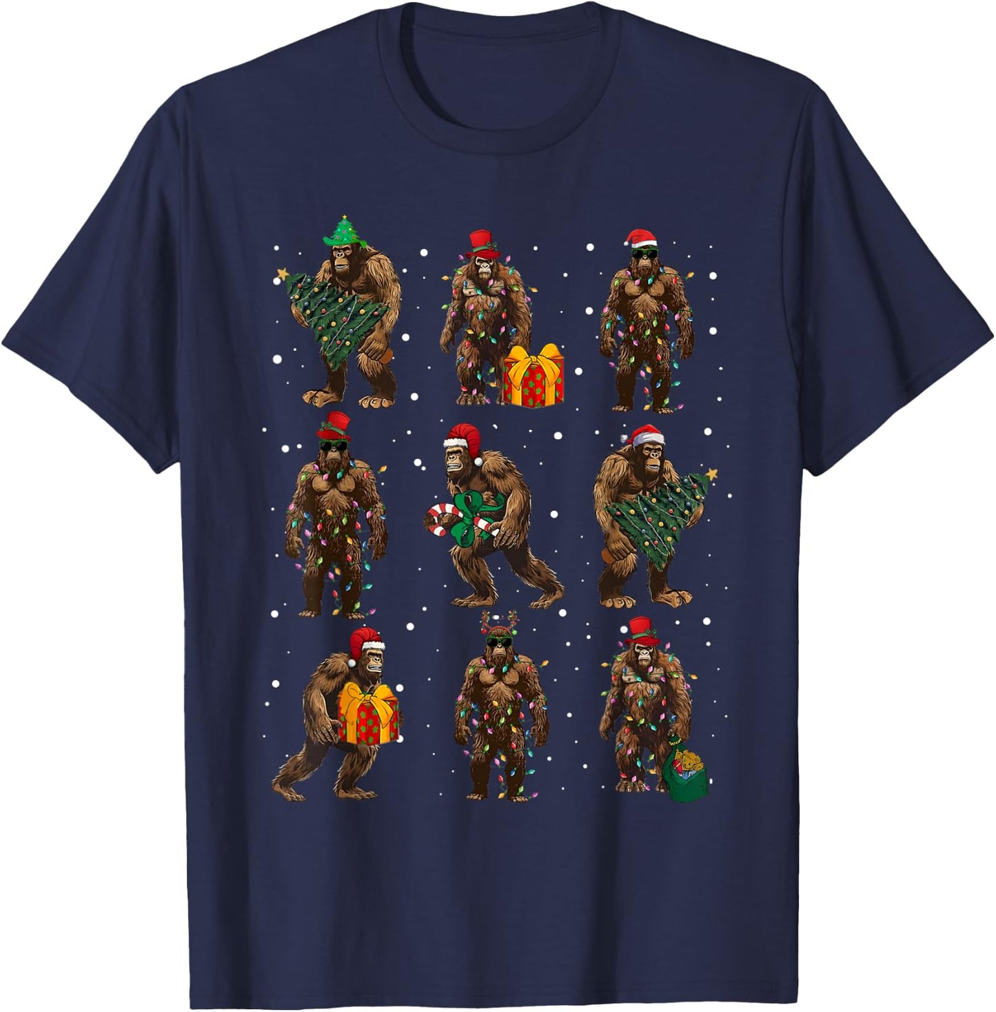 Bigfoot Christmas Tree Lights Xmas Decorations Boys Men PJ T-Shirt - T-Shirt | Navy