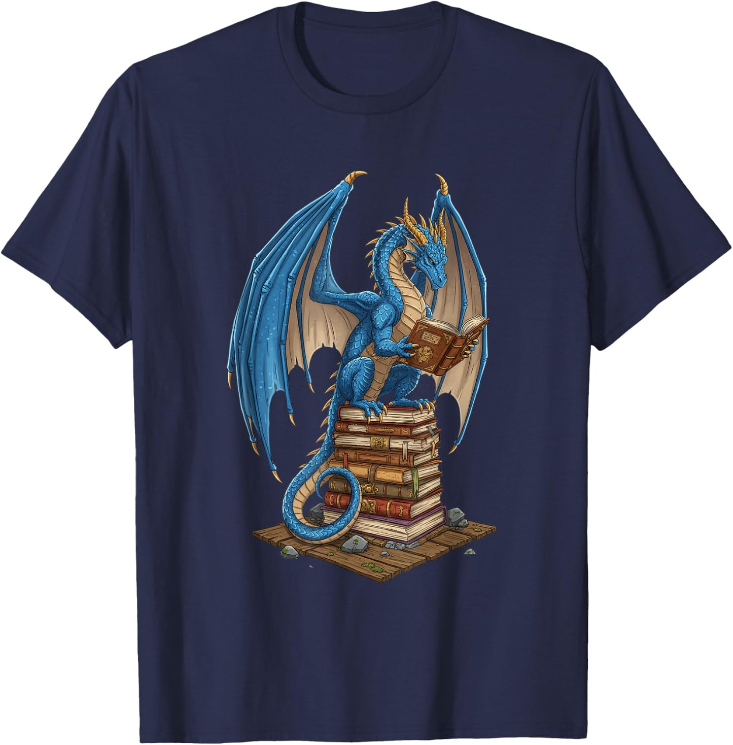 Literary Dragon Reading Books - Fantasy Illustration for Bib T-Shirt - T-Shirt | Navy