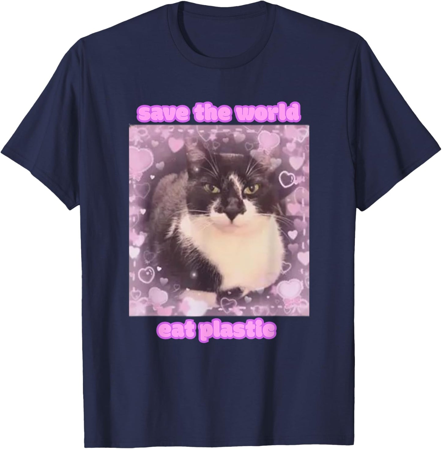 Cat Graphic with Funny Slogan Save The World Eat Plastic y2k T-Shirt - T-Shirt | Navy