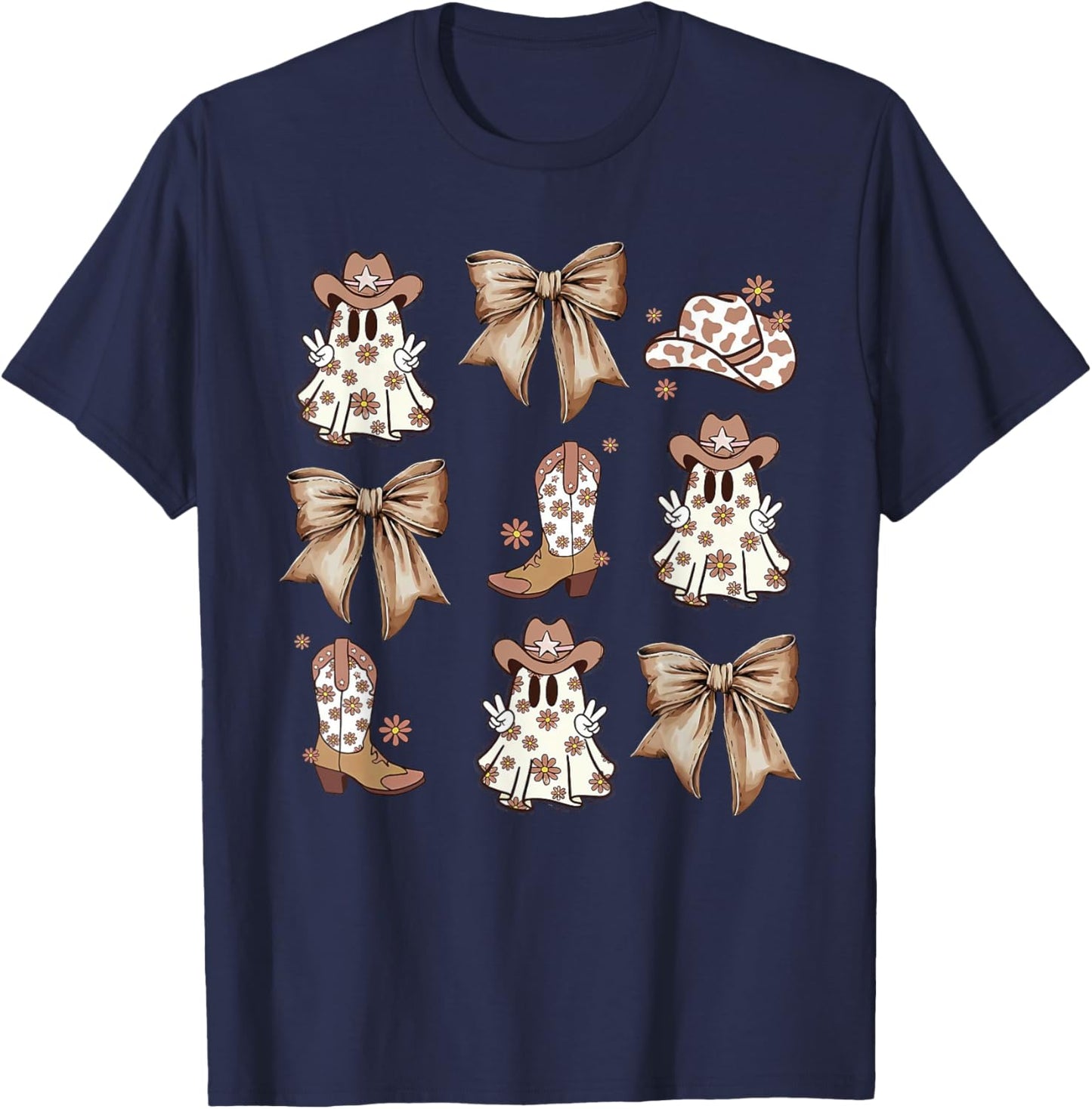 Coquette Bow Spooky Funny Ghost Cowboy Western Halloween T-Shirt - T-Shirt | Navy