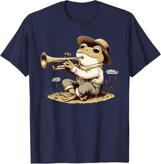 Cottagecore Aesthetic Frog Playing Trumpet Musician Music T-Shirt - T-Shirt | Navy