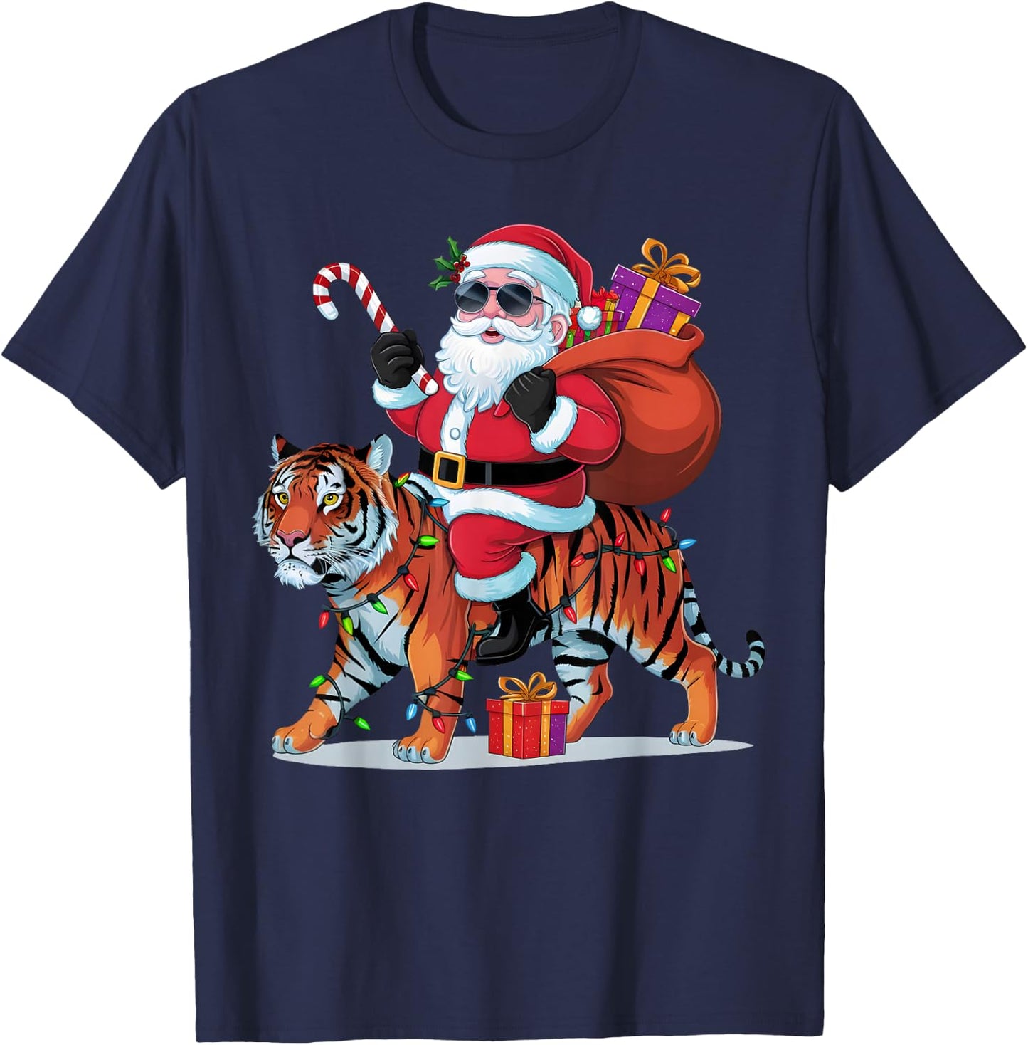 Tiger Lover Xmas Lighting Santa Riding Tiger Christmas T-Shirt - T-Shirt | Navy