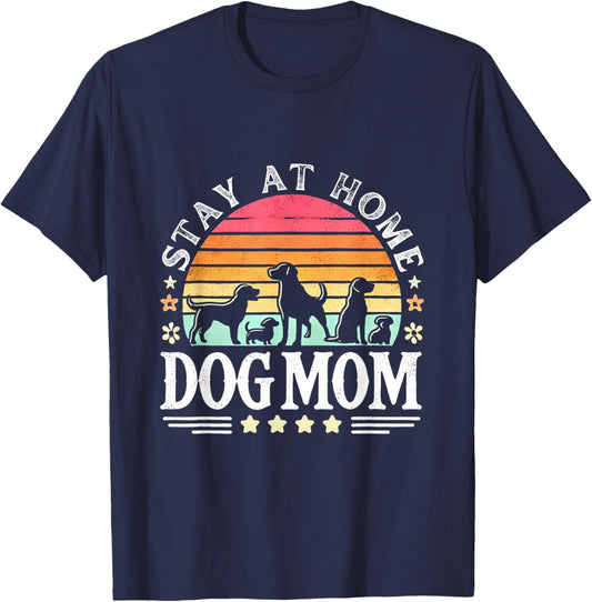 Stay At Home Dog Mom Retro Dog Lovers Vintage Sunset T-Shirt - T-Shirt | Navy